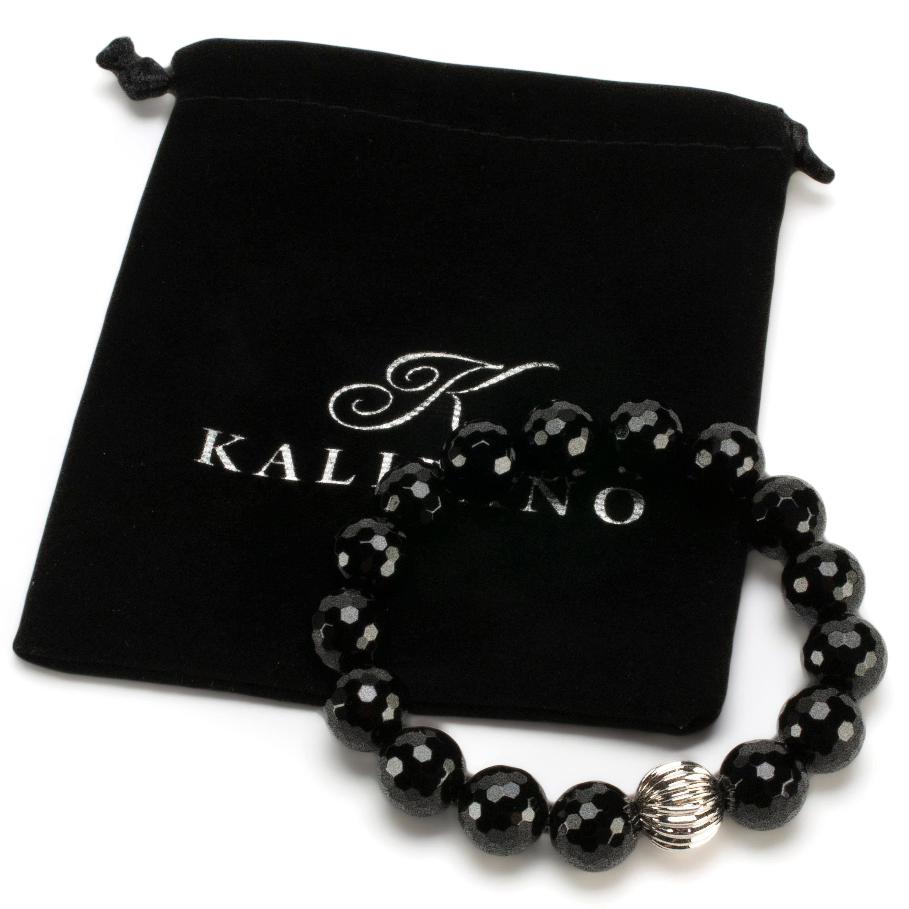 Kalifano Gemstone Bracelets Black Agate 12mm Beads with Silver Accent Bead Elastic Gemstone Bracelet RED-BGP-071