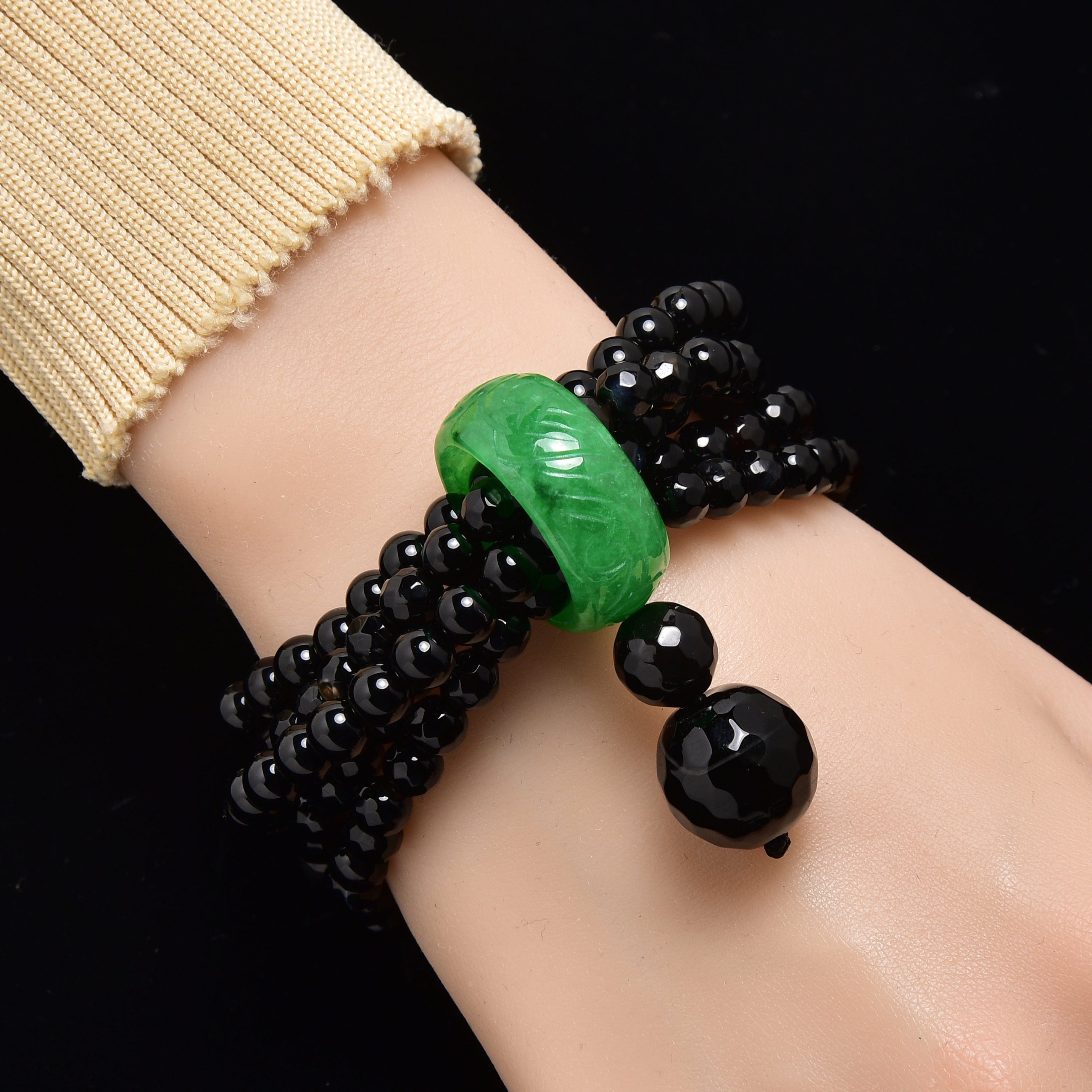 Kalifano Gemstone Bracelets Black Enhanced 6mm Agate with Jade Ring Gemstone Bead Elastic Bracelet PLAT-BGP-JRBK