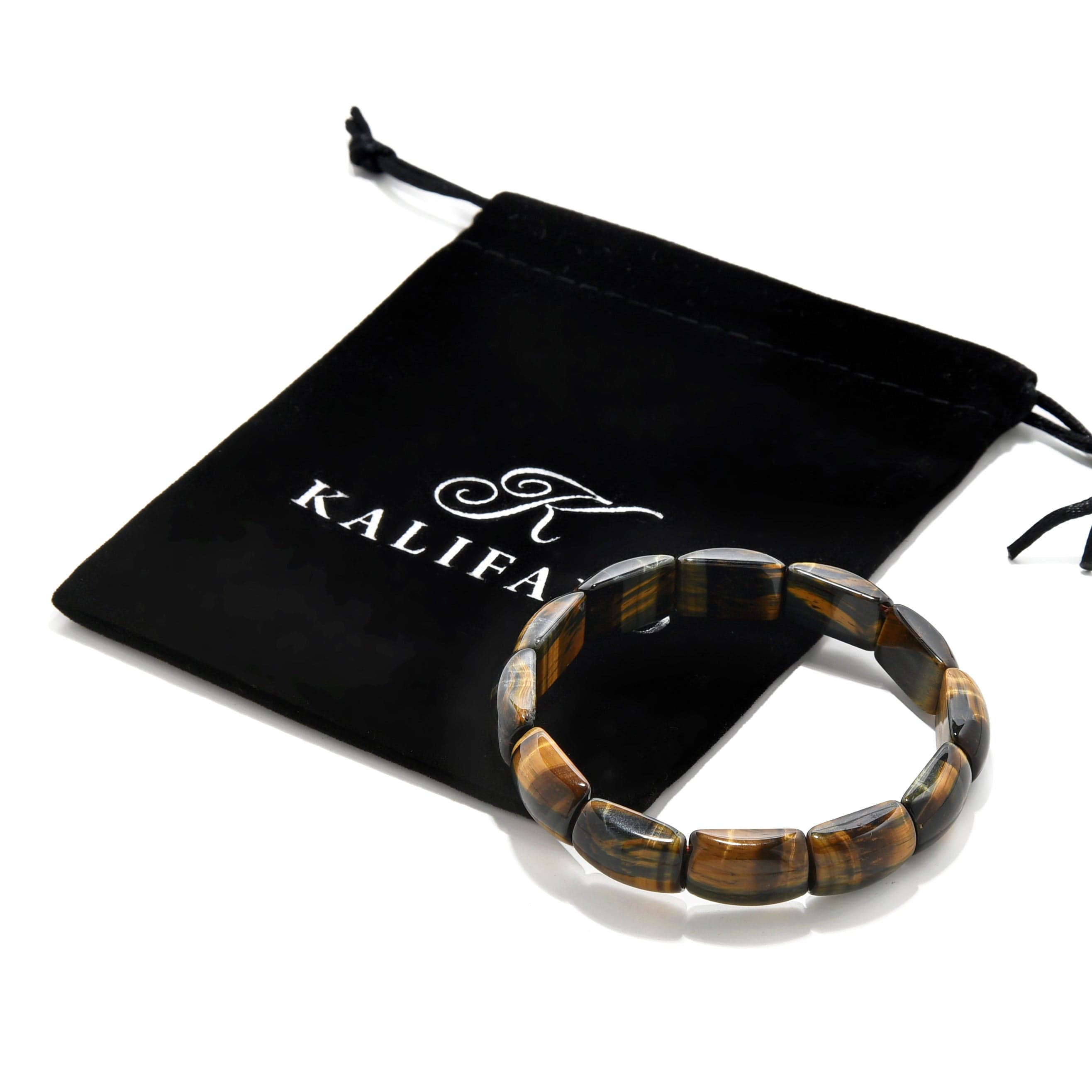 Kalifano Gemstone Bracelets Blue Tiger Eye 11mm Beads Gemstone Elastic Bracelet GOLD-BGP-091