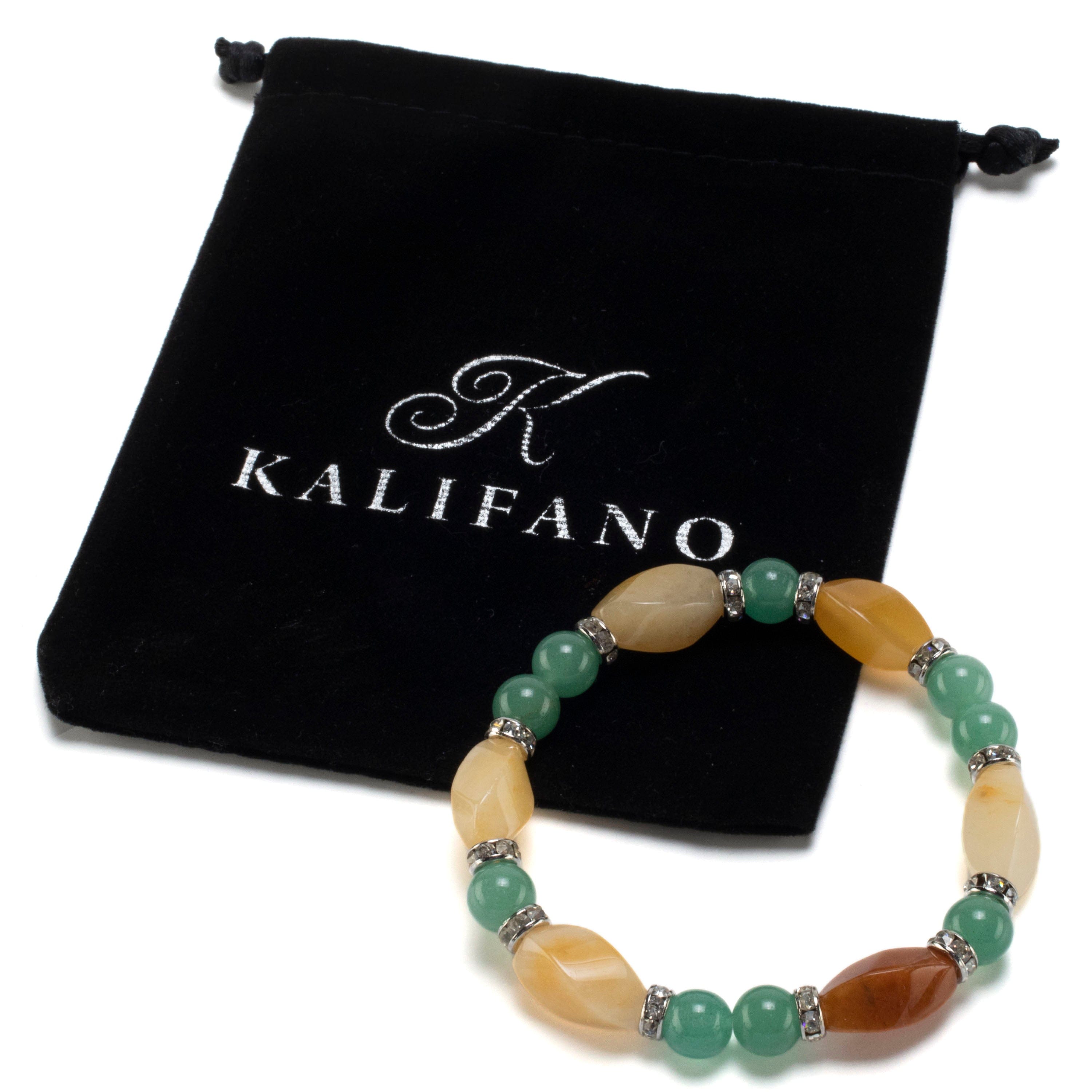Kalifano Gemstone Bracelets Butter Jade Twisted Bead and Round Aventurine with Crystal Accent Beads Gemstone Elastic Bracelet BLUE-BGP-023
