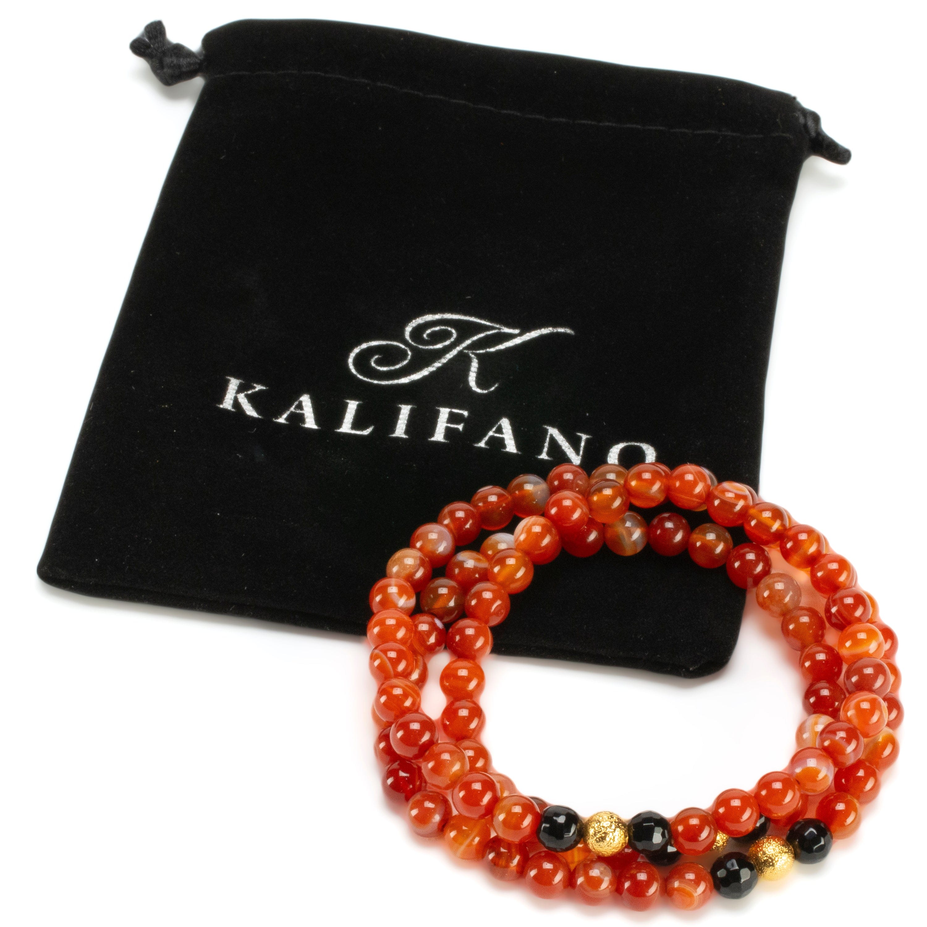 Kalifano Gemstone Bracelets Carnelian 6mm Beads with Black Agate & Gold Accent Beads Triple Wrap Gemstone Elastic Bracelet WHITE-BGI3-075
