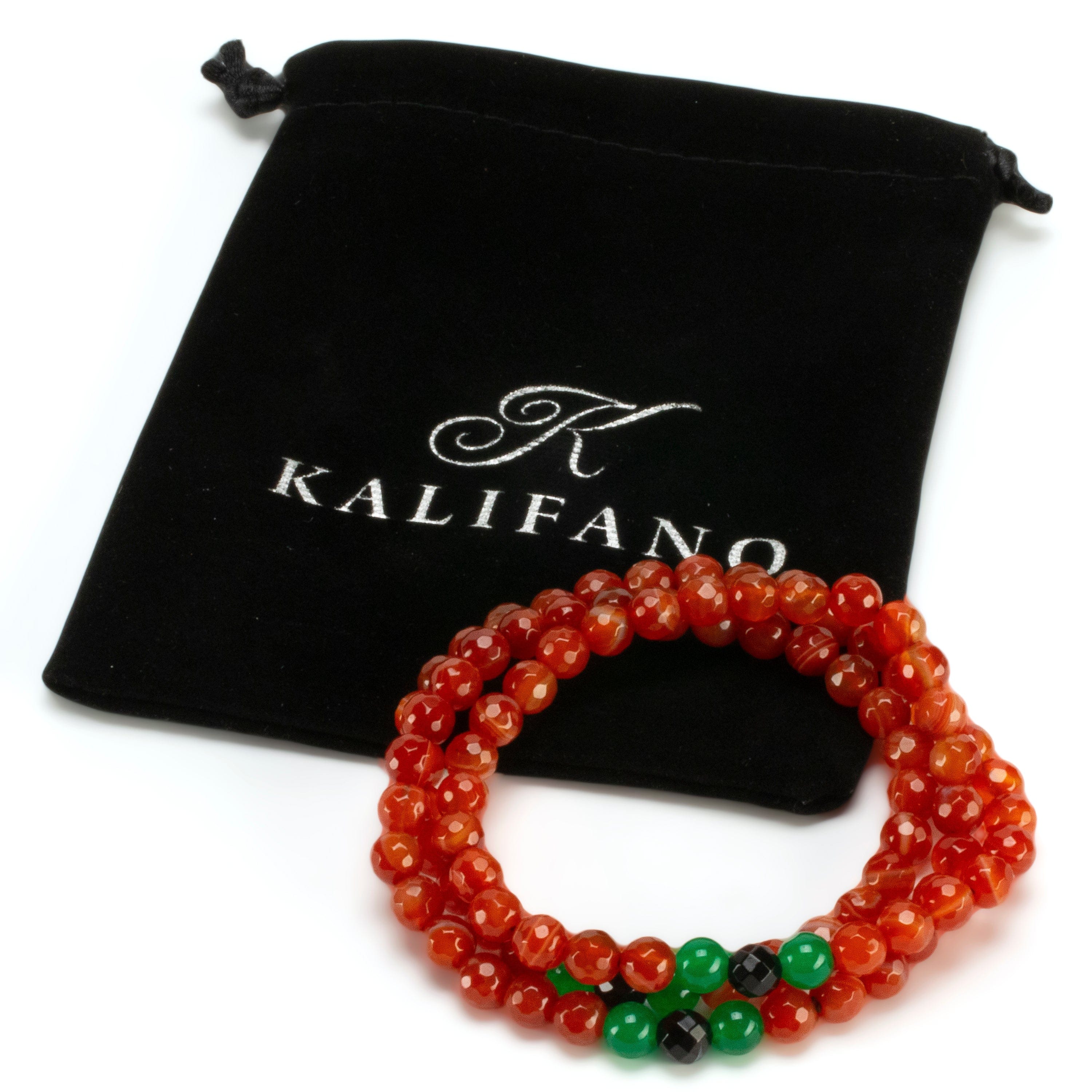 Kalifano Gemstone Bracelets Carnelian 6mm Faceted Beads with Aventurine & Black Agate Accents Triple Wrap Gemstone Bead Elastic Bracelet WHITE-BGI3-073