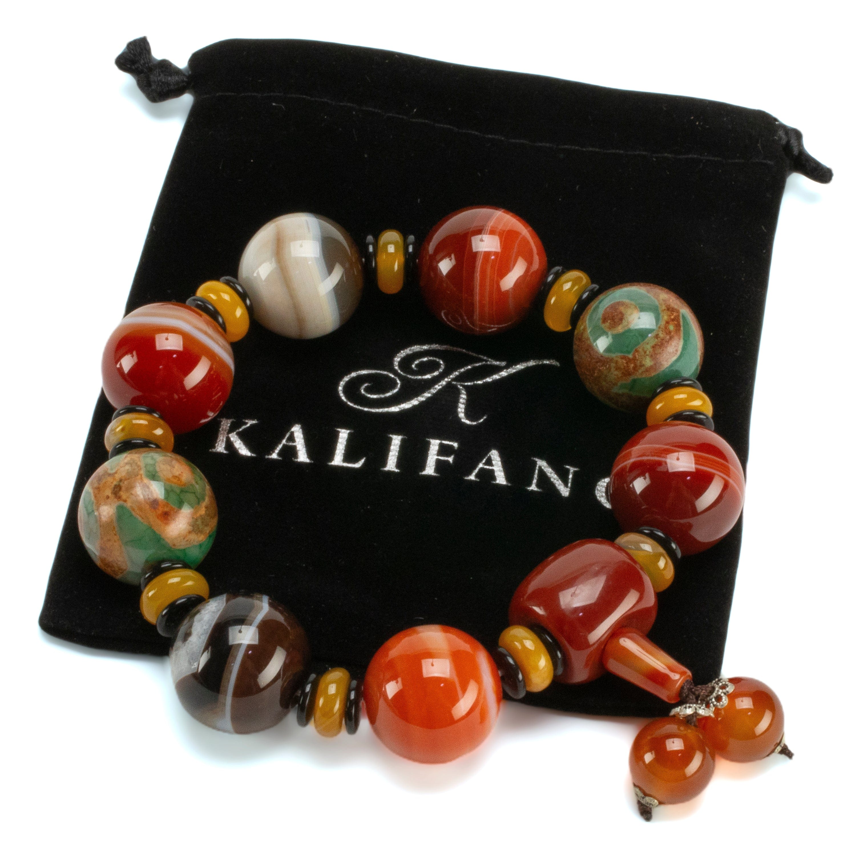 Kalifano Gemstone Bracelets Carnelian & Agate 20mm Bead Gemstone Elastic Bracelet with Tassel WHITE-BGP-064