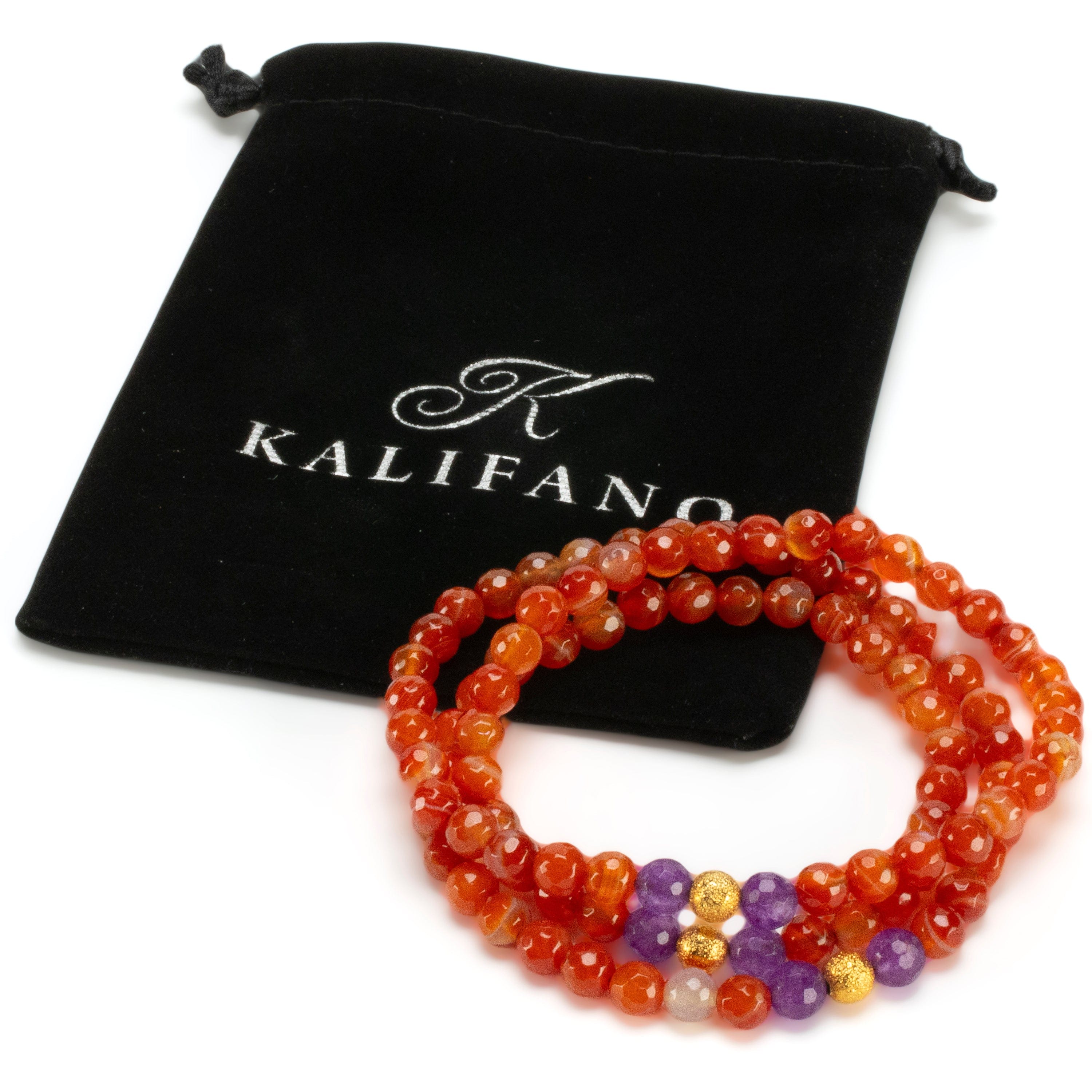 Kalifano Gemstone Bracelets Carnelian Faceted 6mm Beads with Amethyst & Gold Accent Beads Triple Wrap Gemstone Elastic Bracelet WHITE-BGI3-076