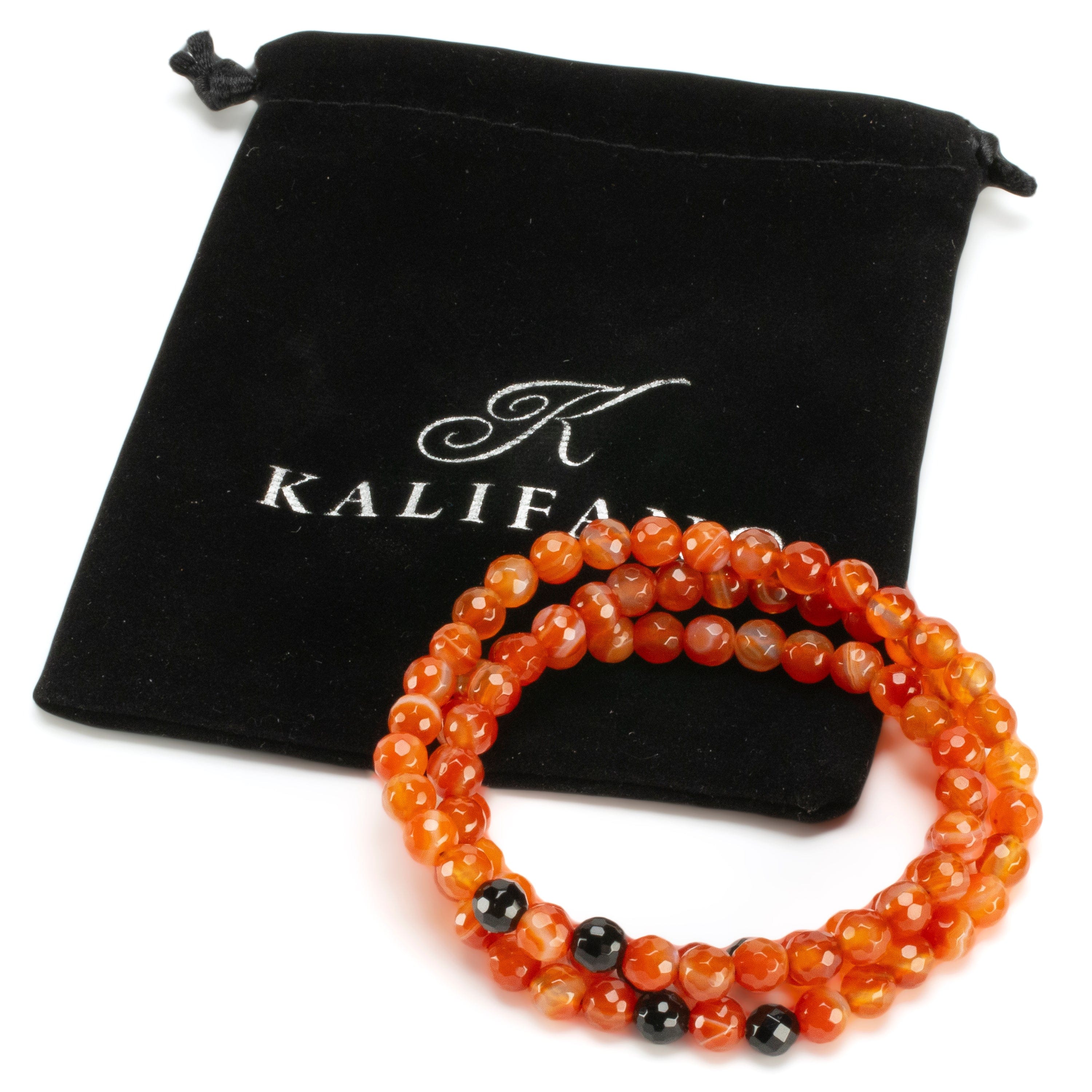 Kalifano Gemstone Bracelets Carnelian Faceted 6mm Beads with Black Agate Accent Beads Triple Wrap Gemstone Elastic Bracelet WHITE-BGI3-077