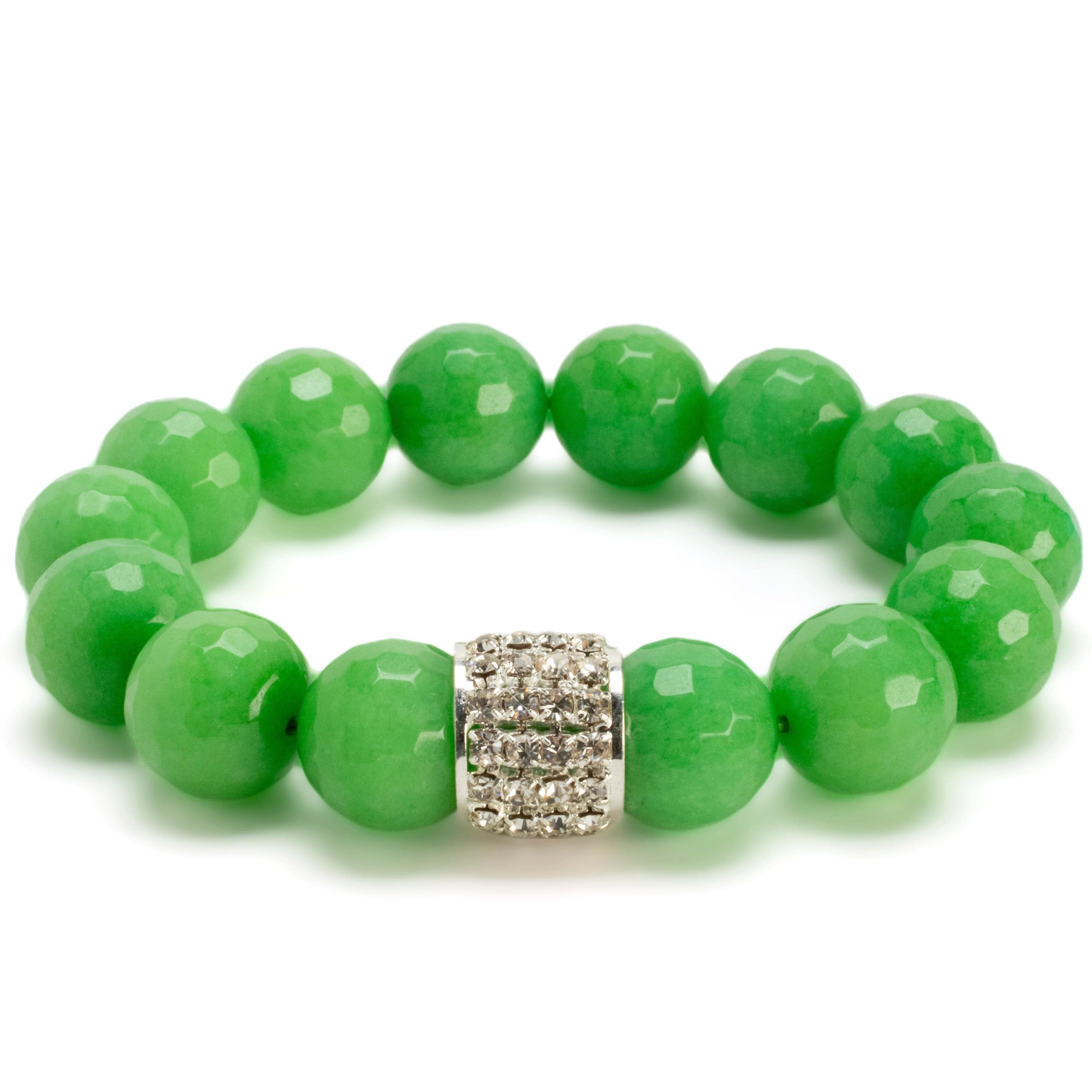 Kalifano Gemstone Bracelets Faceted 14mm Green Color Enhanced Jade with Sparkly Silver Crystal Accent Bead Gemstone Elastic Bracelet RED-BGP-065