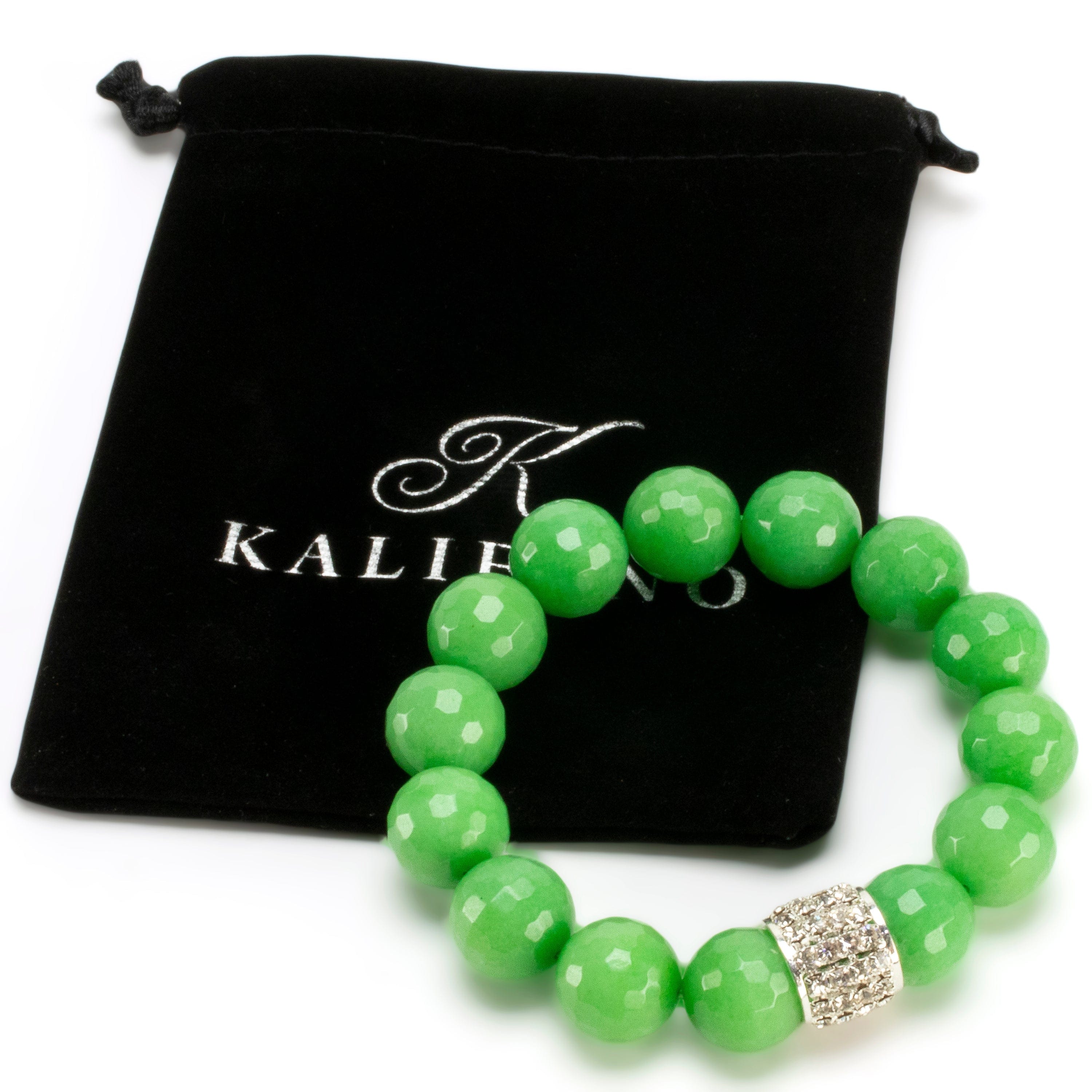 Kalifano Gemstone Bracelets Faceted 14mm Green Color Enhanced Jade with Sparkly Silver Crystal Accent Bead Gemstone Elastic Bracelet RED-BGP-065