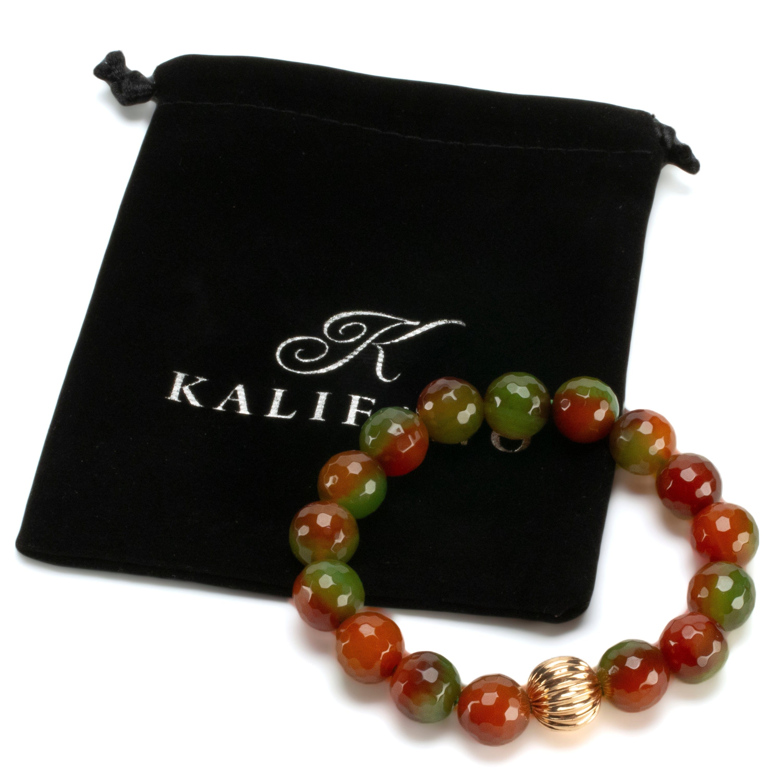 Kalifano Gemstone Bracelets Faceted Agate 12mm Gemstone Bead Elastic Bracelet with Gold Accent Bead GOLD-BGP-076