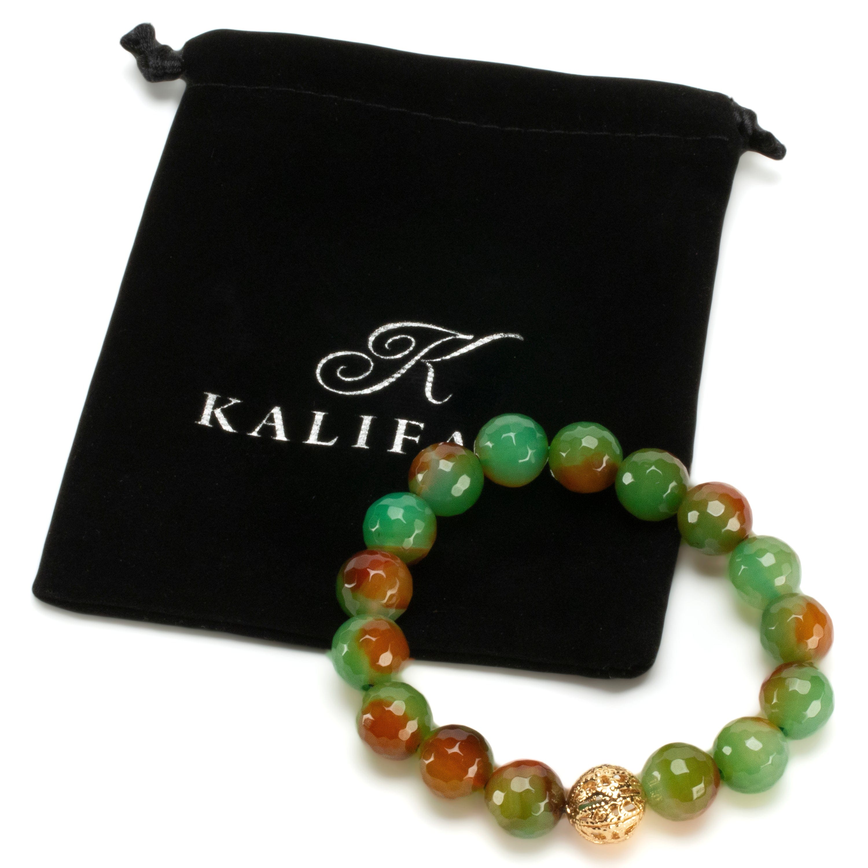 Kalifano Gemstone Bracelets Faceted Agate 12mm Gemstone Bead Elastic Bracelet with Gold Accent Bead GOLD-BGP-078