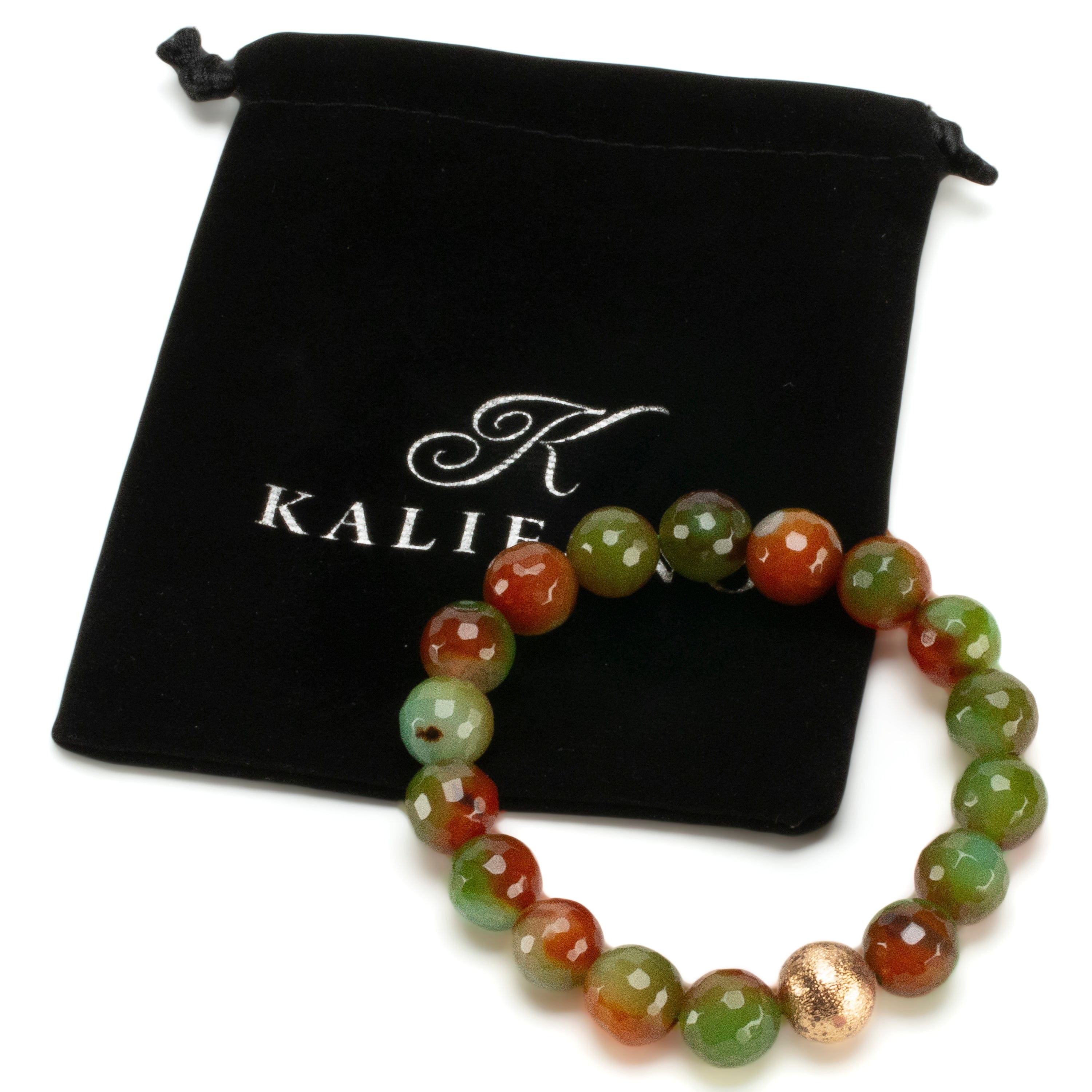 Kalifano Gemstone Bracelets Faceted Agate 12mm Gemstone Bead Elastic Bracelet with Matte Gold Accent Bead GOLD-BGP-080