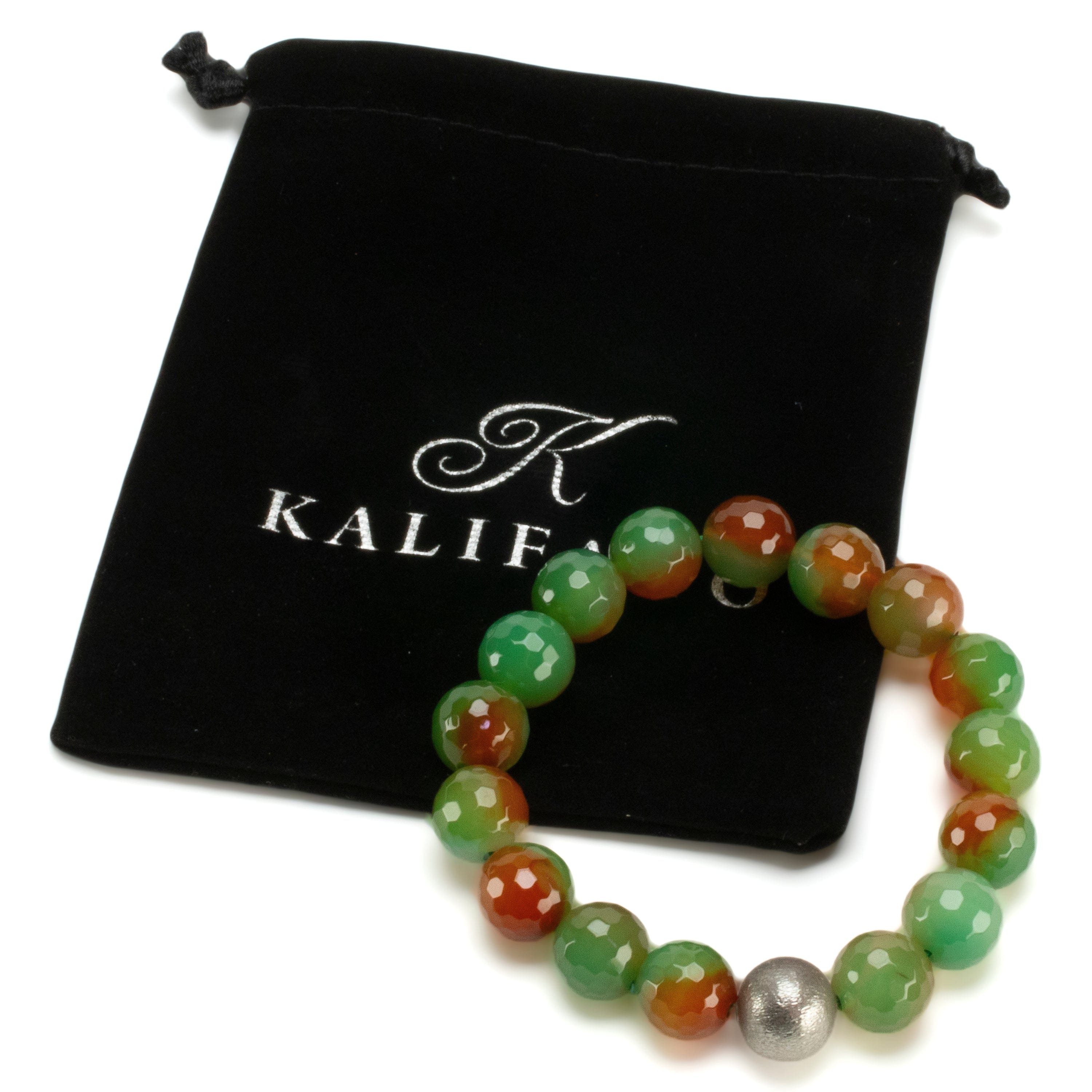 Kalifano Gemstone Bracelets Faceted Agate 12mm Gemstone Bead Elastic Bracelet with Matte Silver Accent Bead GOLD-BGP-081