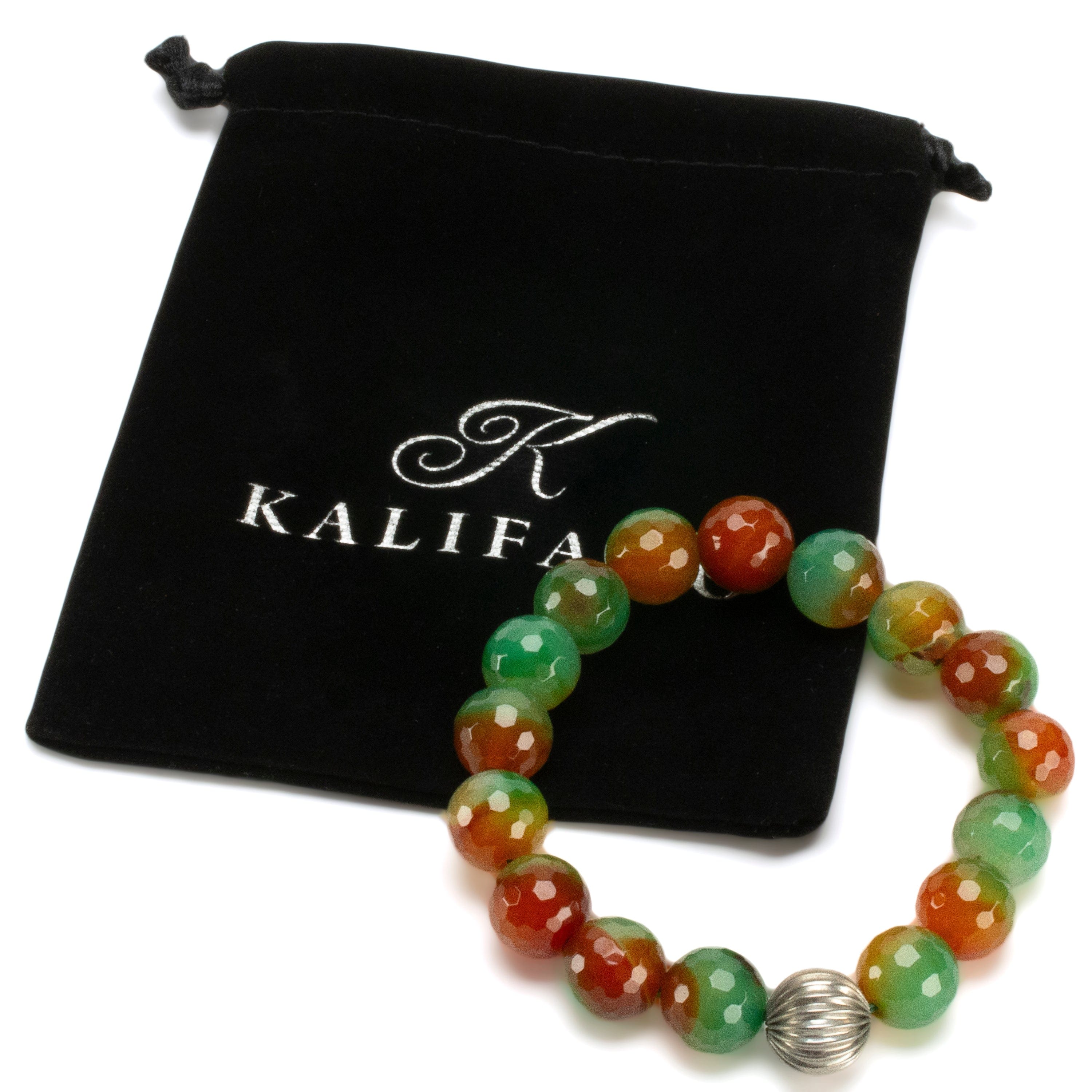 Kalifano Gemstone Bracelets Faceted Agate 12mm Gemstone Bead Elastic Bracelet with Silver Accent Bead GOLD-BGP-077
