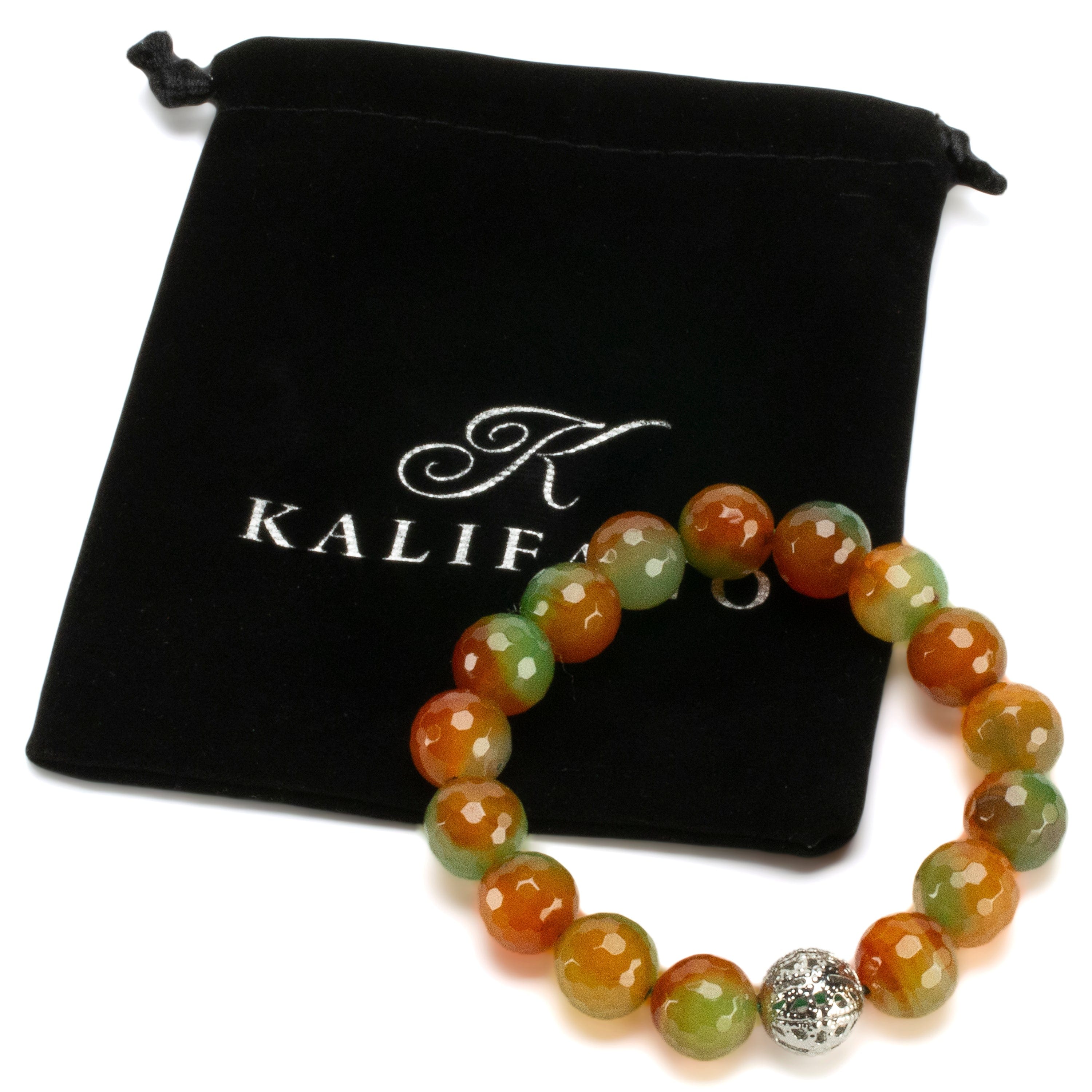 Kalifano Gemstone Bracelets Faceted Agate 12mm Gemstone Bead Elastic Bracelet with Silver Accent Bead GOLD-BGP-079