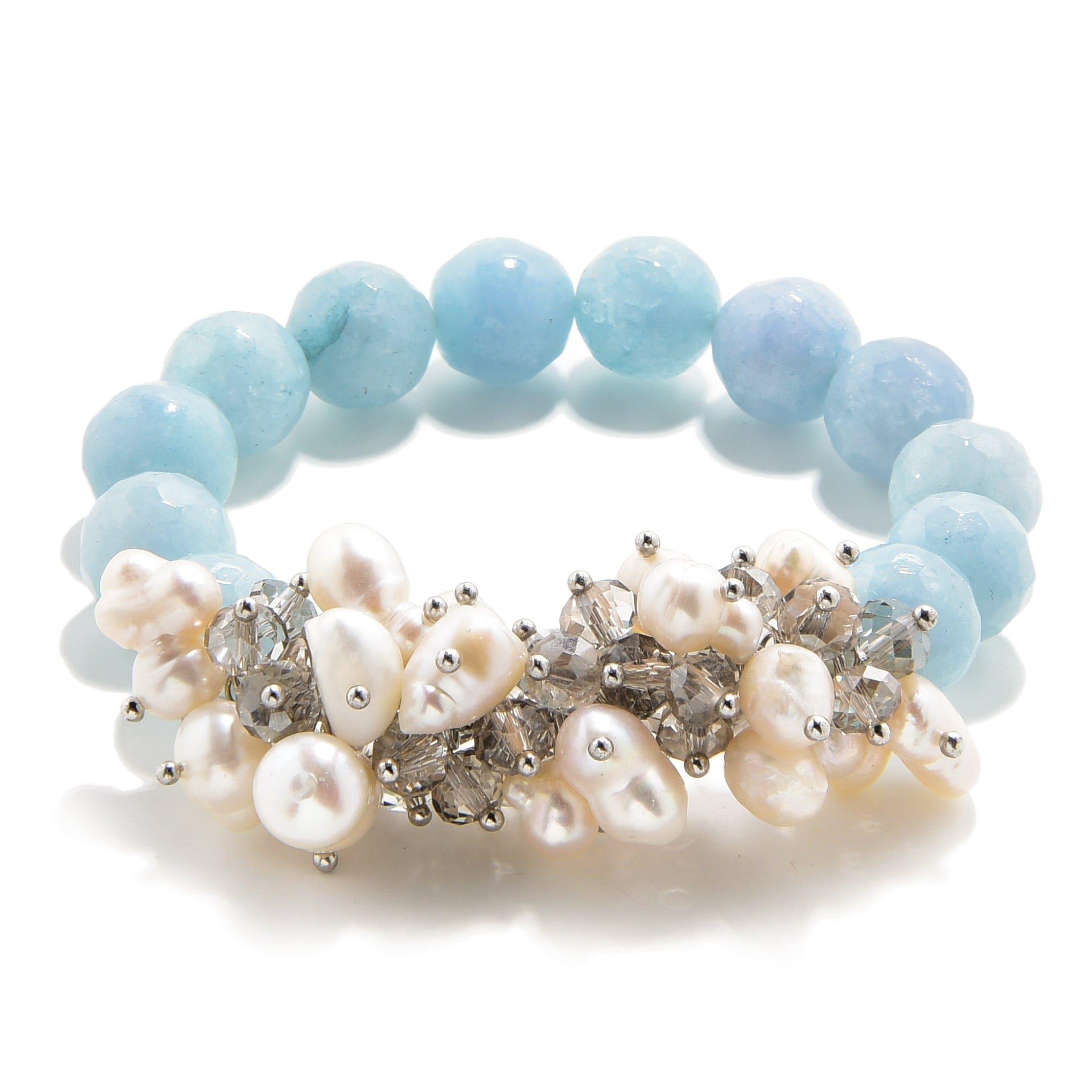 Kalifano Gemstone Bracelets Faceted Aqua Agate & Freshwater Pearls 12mm Gemstone Bead Elastic Bracelet GOLD-BGP-PAQ
