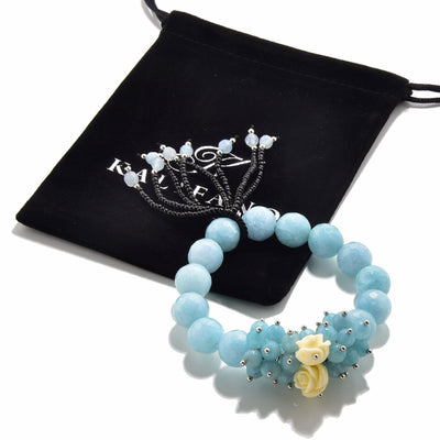 Kalifano Gemstone Bracelets Faceted Aqua Agate with Flower Accents 12mm Gemstone Bead Elastic Bracelet GOLD-BGP-FAQ