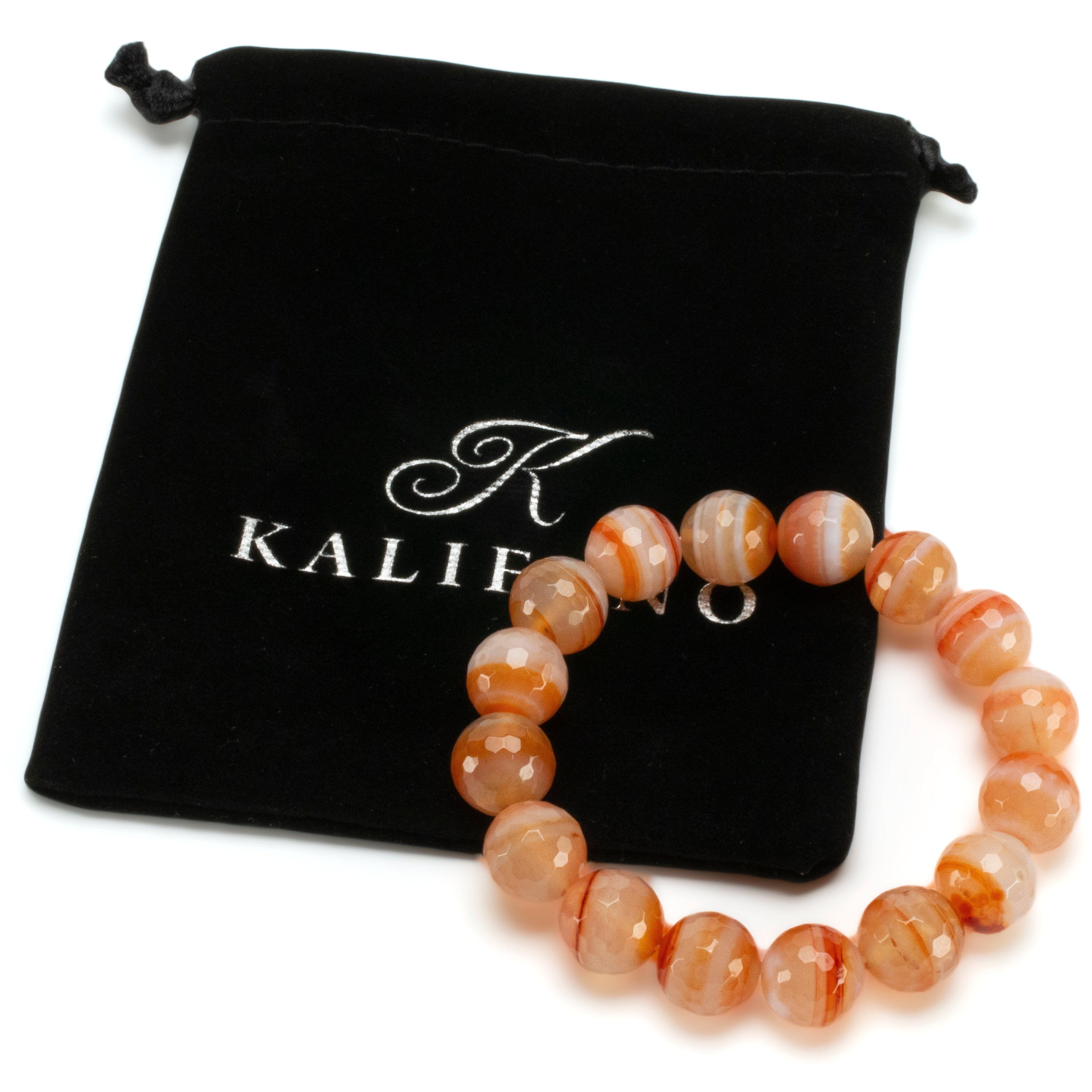 Kalifano Gemstone Bracelets Faceted Banded Carnelian 12mm Gemstone Bead Elastic Bracelet GOLD-BGP-066