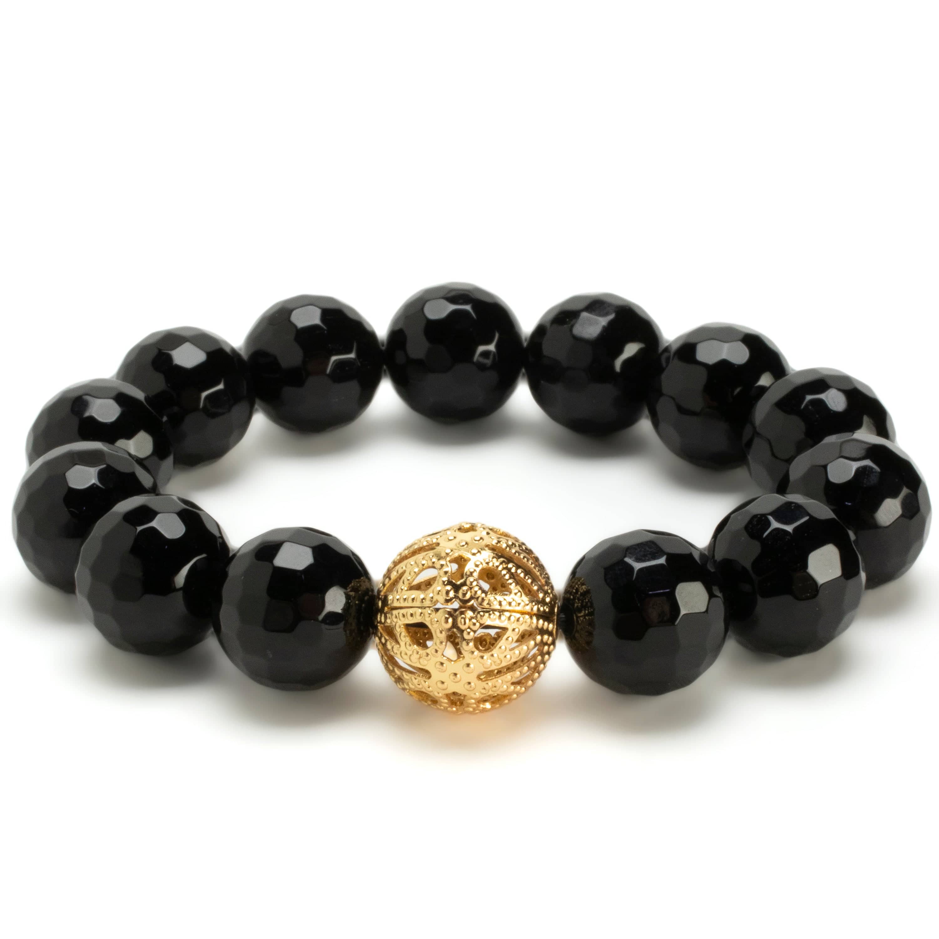 Faceted Black Agate 14mm Gemstone Bead Elastic Bracelet with Gold Accent  Bead