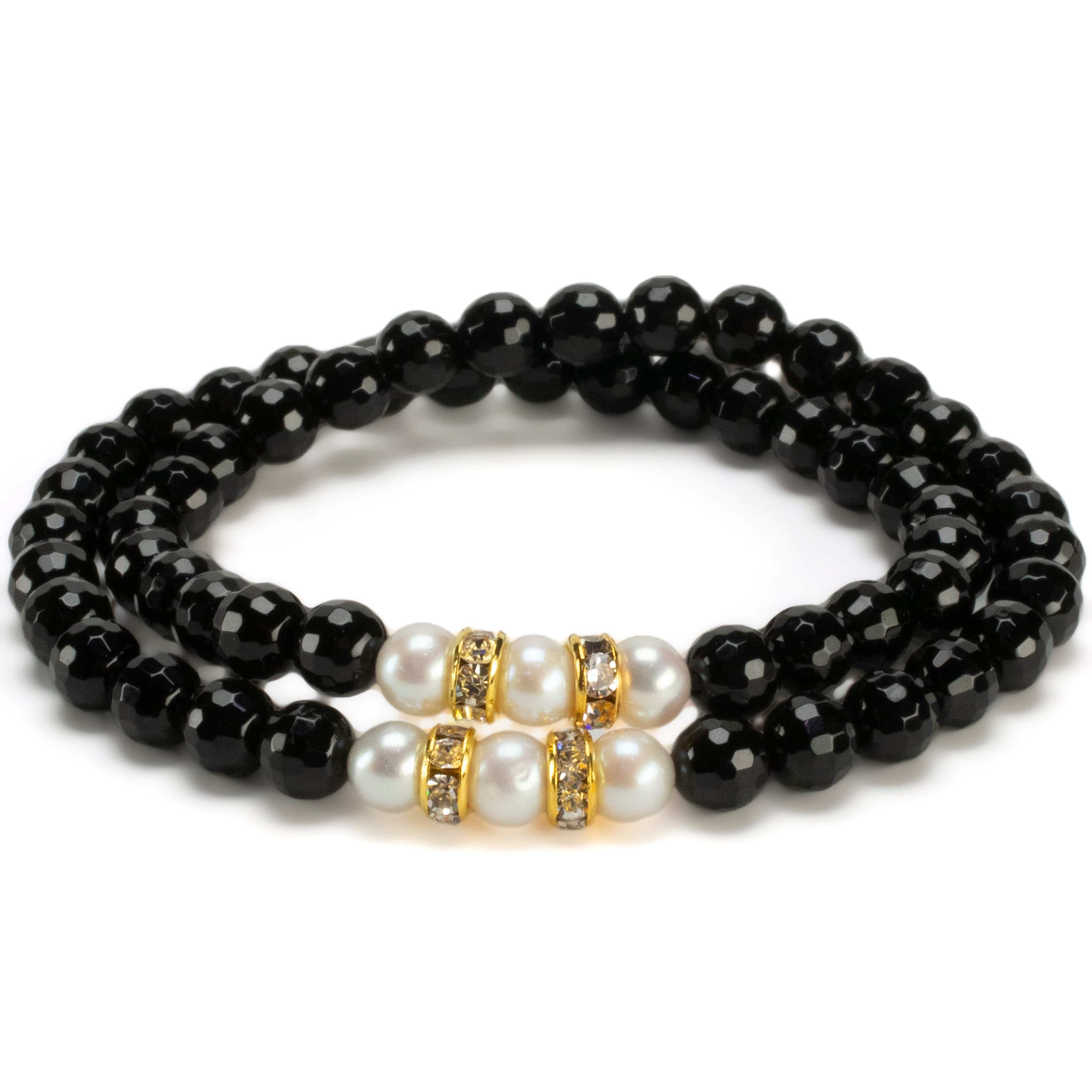 Kalifano Gemstone Bracelets Faceted Black Agate 6mm Beads with Pearl & Gold Accent Beads Double Wrap Elastic Gemstone Bracelet WHITE-BGI2-042