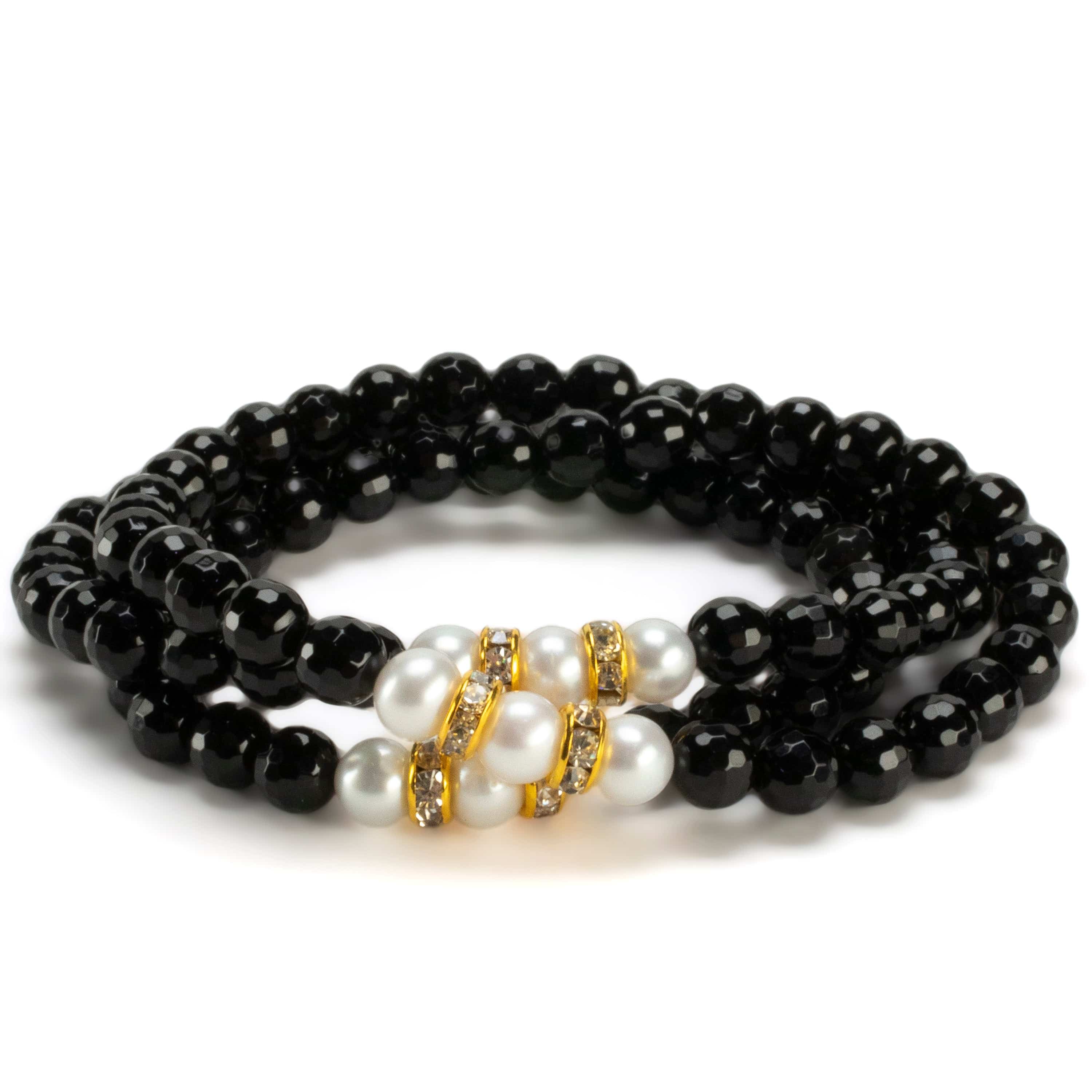 Kalifano Gemstone Bracelets Faceted Black Agate 6mm Beads with Pearl & Gold Accent Beads Triple Wrap Elastic Gemstone Bracelet WHITE-BGI3-071