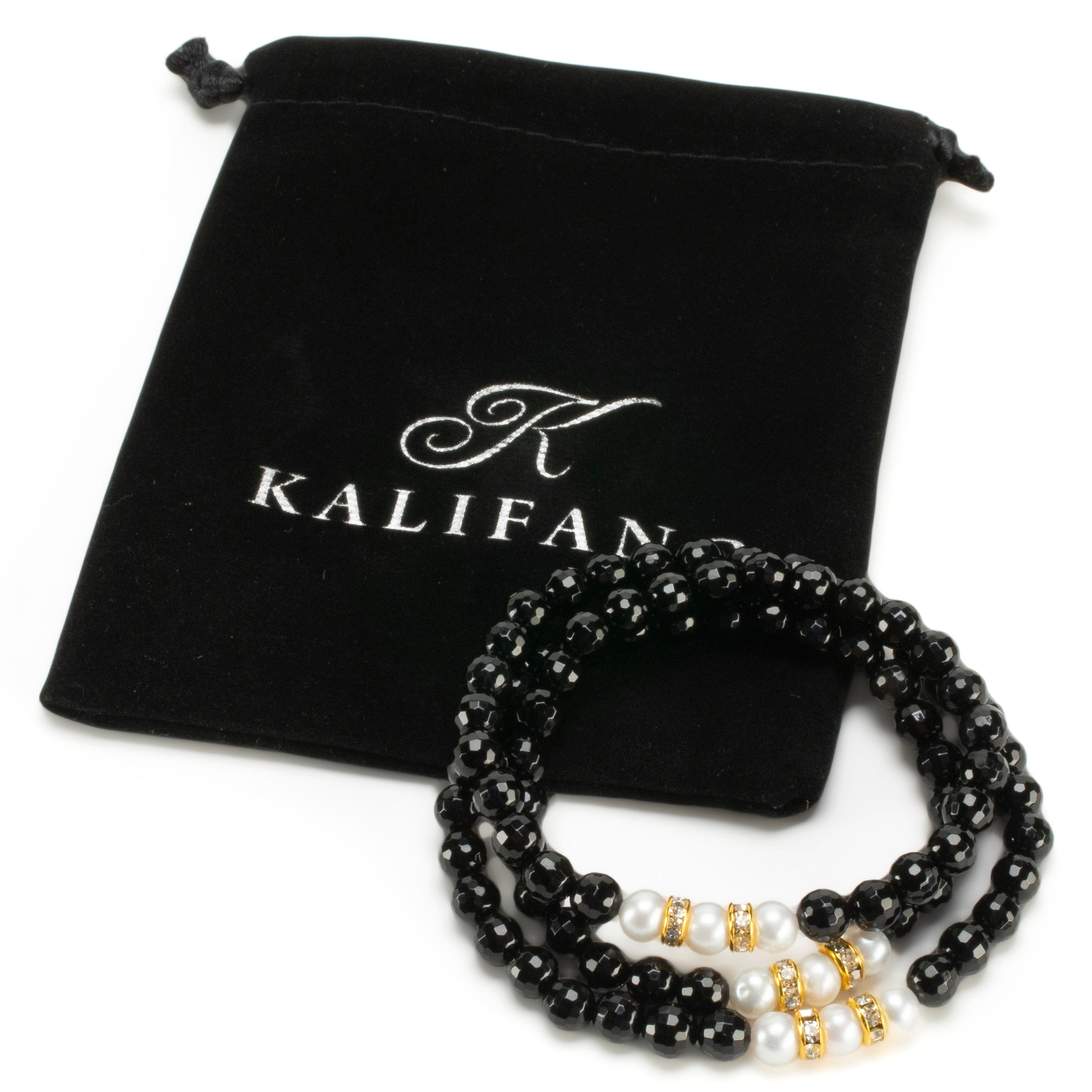Kalifano Gemstone Bracelets Faceted Black Agate 6mm Beads with Pearl & Gold Accent Beads Triple Wrap Elastic Gemstone Bracelet WHITE-BGI3-071
