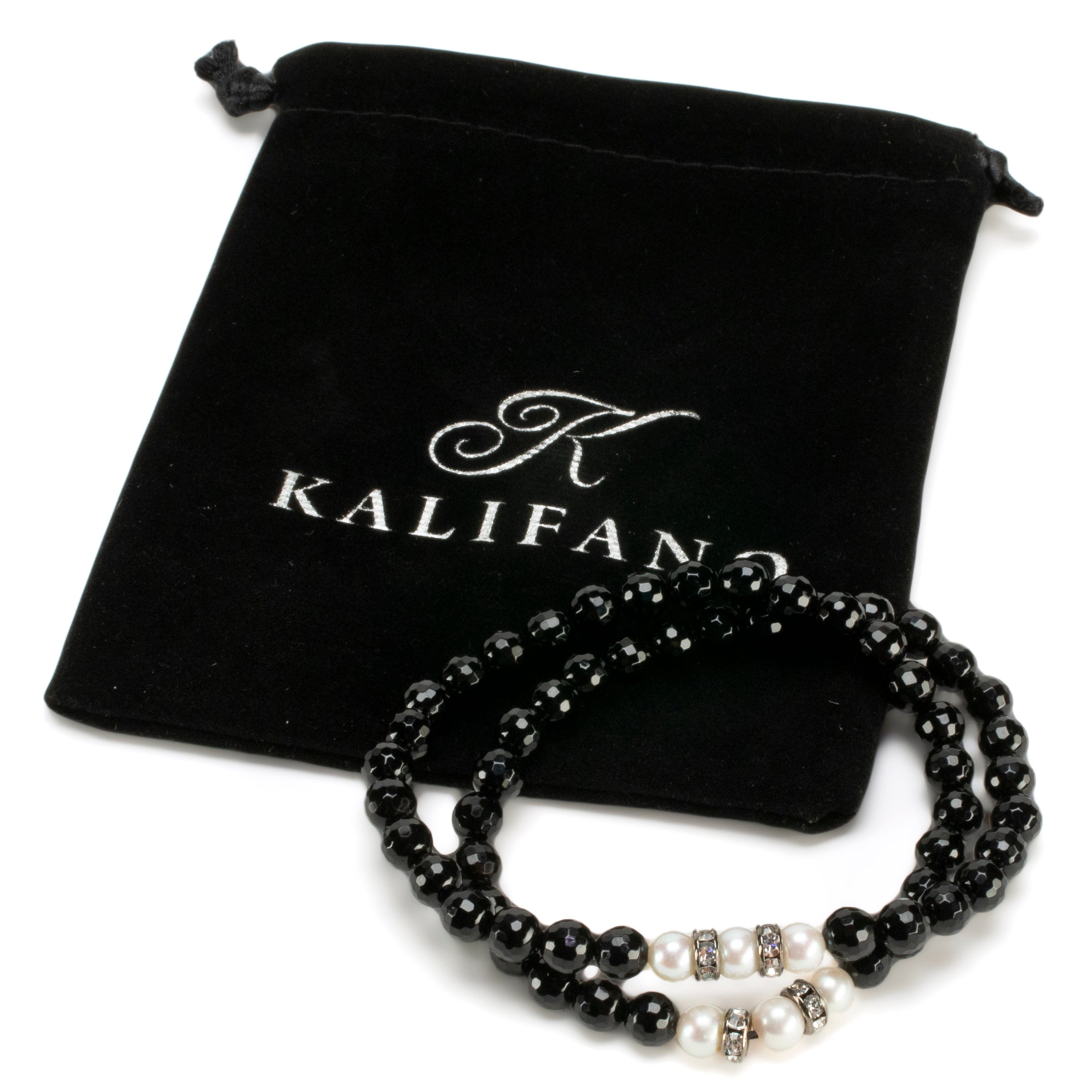 Kalifano Gemstone Bracelets Faceted Black Agate 6mm Beads with Pearl & Silver Accent Beads Double Wrap Elastic Gemstone Bracelet WHITE-BGI2-043