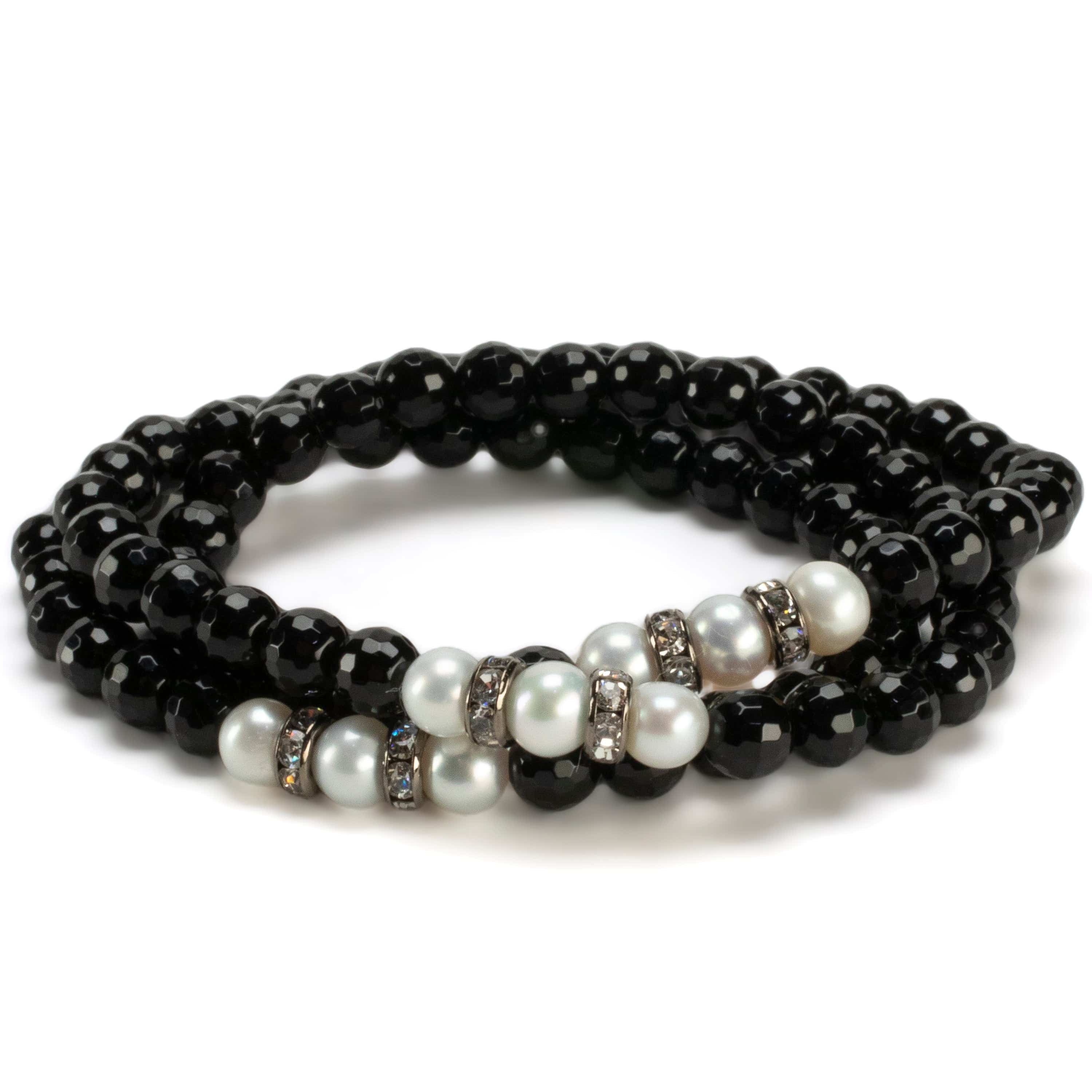 Kalifano Gemstone Bracelets Faceted Black Agate 6mm Beads with Pearl & Silver Accent Beads Triple Wrap Elastic Gemstone Bracelet WHITE-BGI3-072