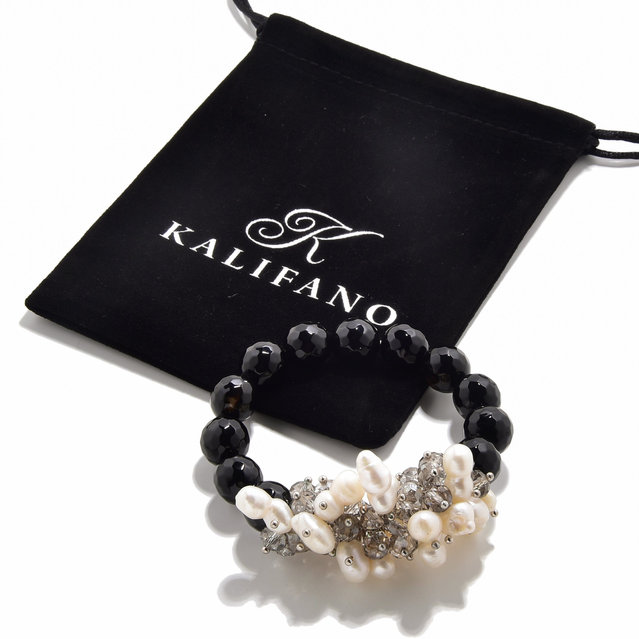 Kalifano Gemstone Bracelets Faceted Black Agate & Freshwater Pearls 12mm Gemstone Bead Elastic Bracelet GOLD-BGP-PBK