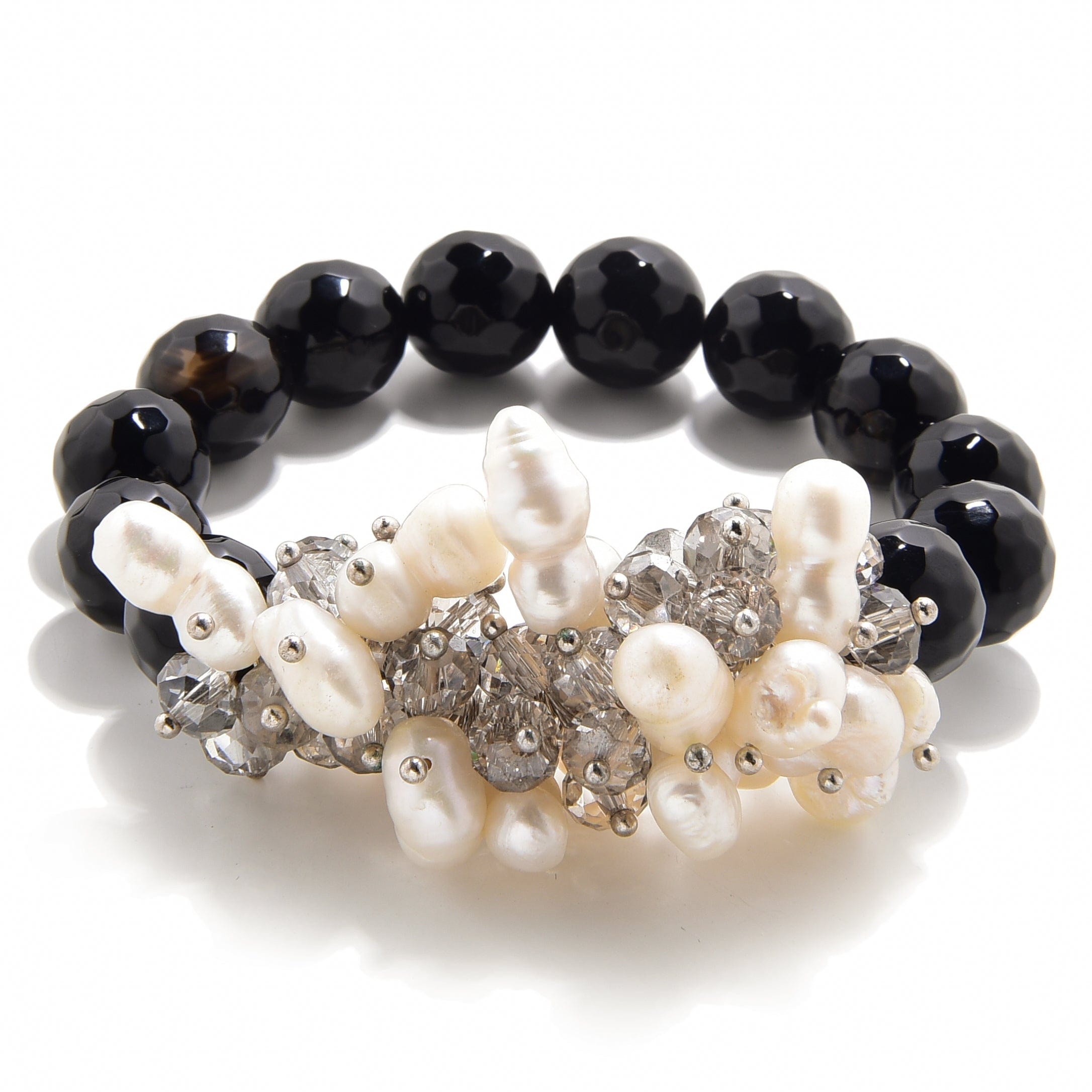 Kalifano Gemstone Bracelets Faceted Black Agate & Freshwater Pearls 12mm Gemstone Bead Elastic Bracelet GOLD-BGP-PBK
