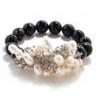 Faceted Black Agate & Freshwater Pearls 12mm Gemstone Bead Elastic Bracelet