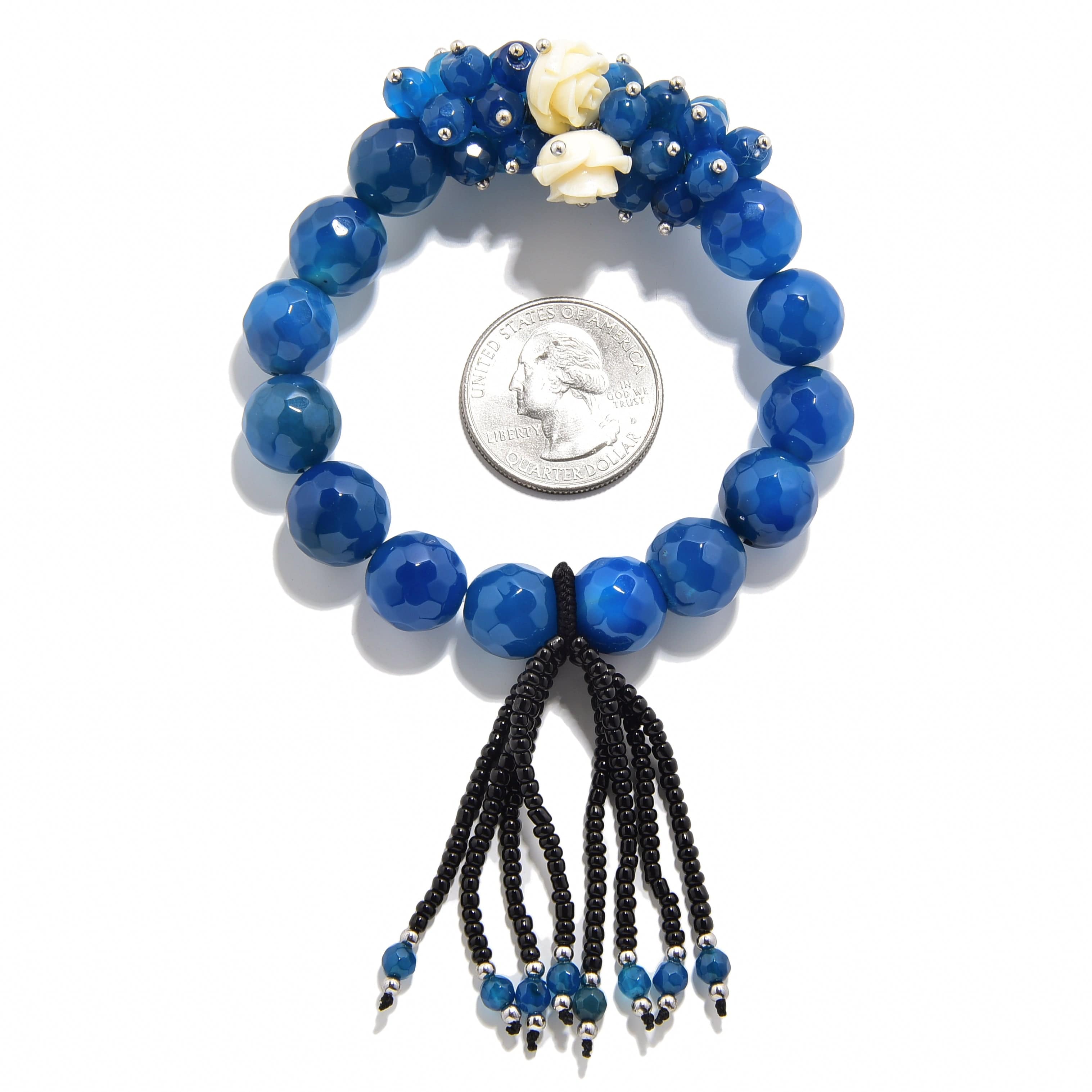 Kalifano Gemstone Bracelets Faceted Blue Agate with Flower Accents 12mm Gemstone Bead Elastic Bracelet GOLD-BGP-FBL