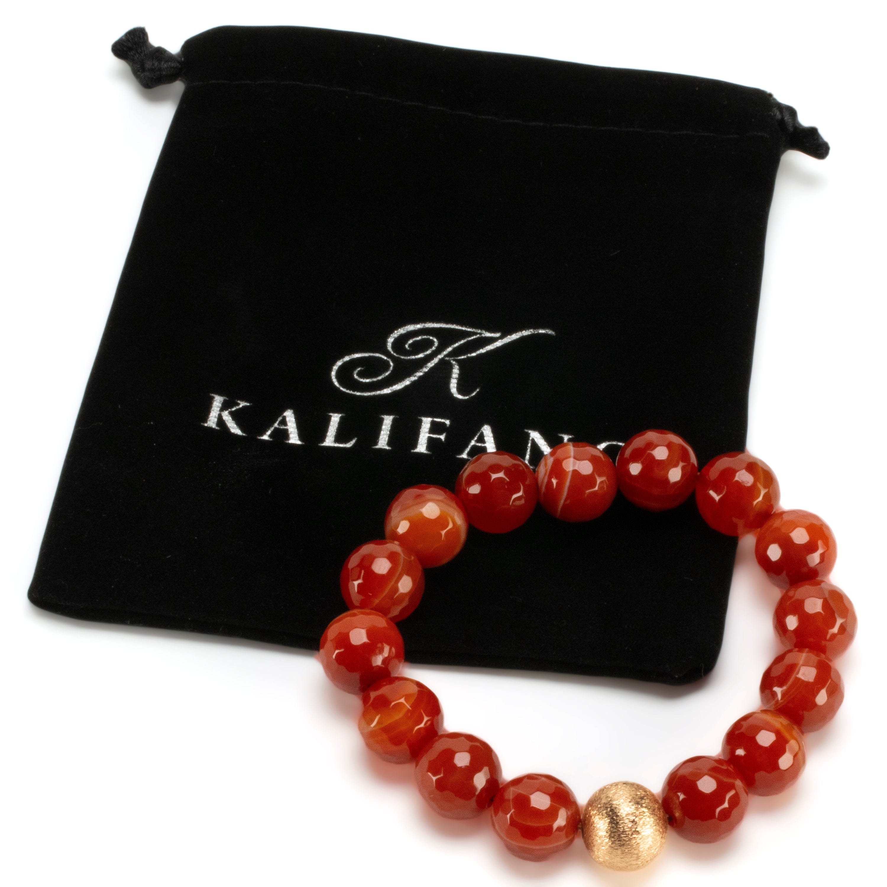 Kalifano Gemstone Bracelets Faceted Carnelian 12mm Gemstone Elastic Bracelet with Matte Gold Accent Bead WHITE-BGP-063