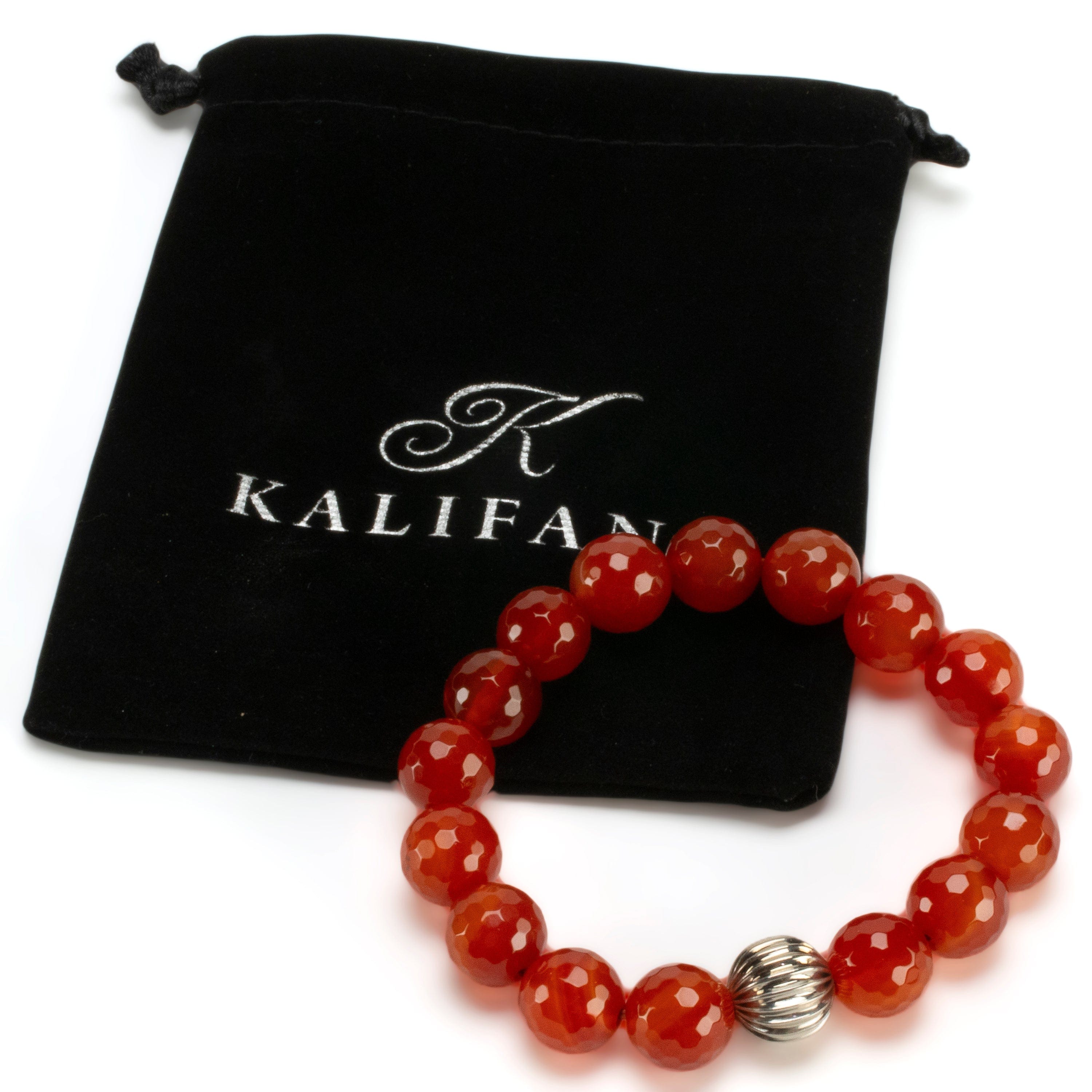 Kalifano Gemstone Bracelets Faceted Carnelian 12mm Gemstone Elastic Bracelet with Silver Accent Bead WHITE-BGP-062
