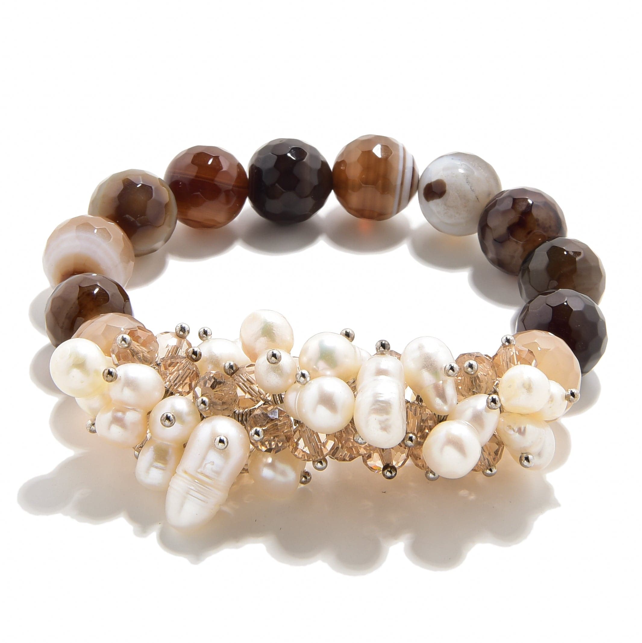 Kalifano Gemstone Bracelets Faceted Coffee Agate & Freshwater Pearls 12mm Gemstone Bead Elastic Bracelet GOLD-BGP-PCE