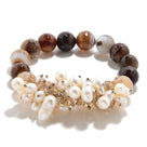 Faceted Coffee Agate & Freshwater Pearls 12mm Gemstone Bead Elastic Bracelet