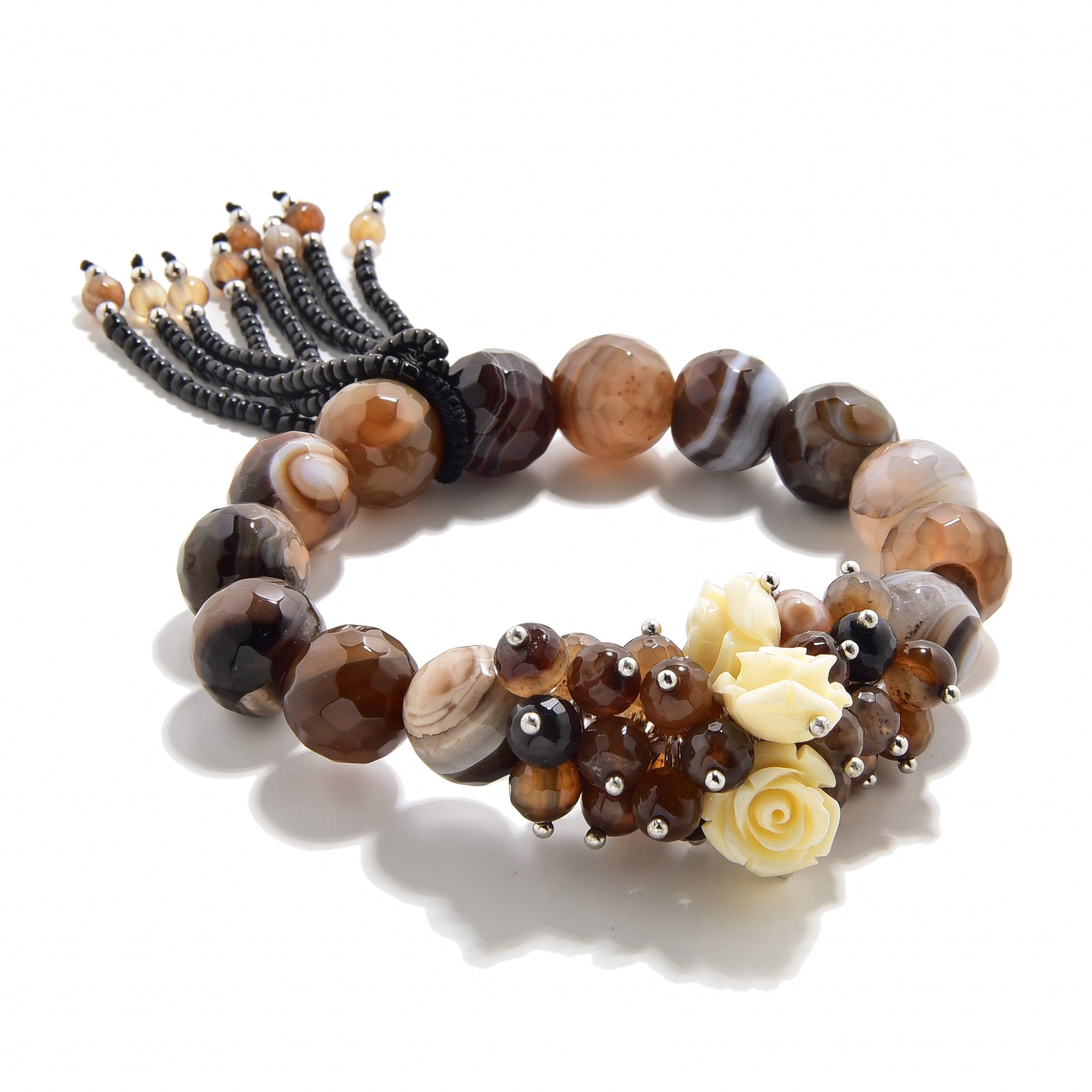 Kalifano Gemstone Bracelets Faceted Coffee Agate with Flower Accents 12mm Gemstone Bead Elastic Bracelet GOLD-BGP-FCE