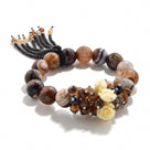 Faceted Coffee Agate with Flower Accents 12mm Gemstone Bead Elastic Bracelet