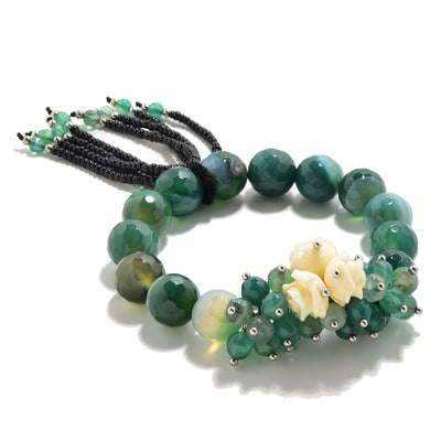 Kalifano Gemstone Bracelets Faceted Green Agate with Flower Accents 12mm Gemstone Bead Elastic Bracelet GOLD-BGP-FGN
