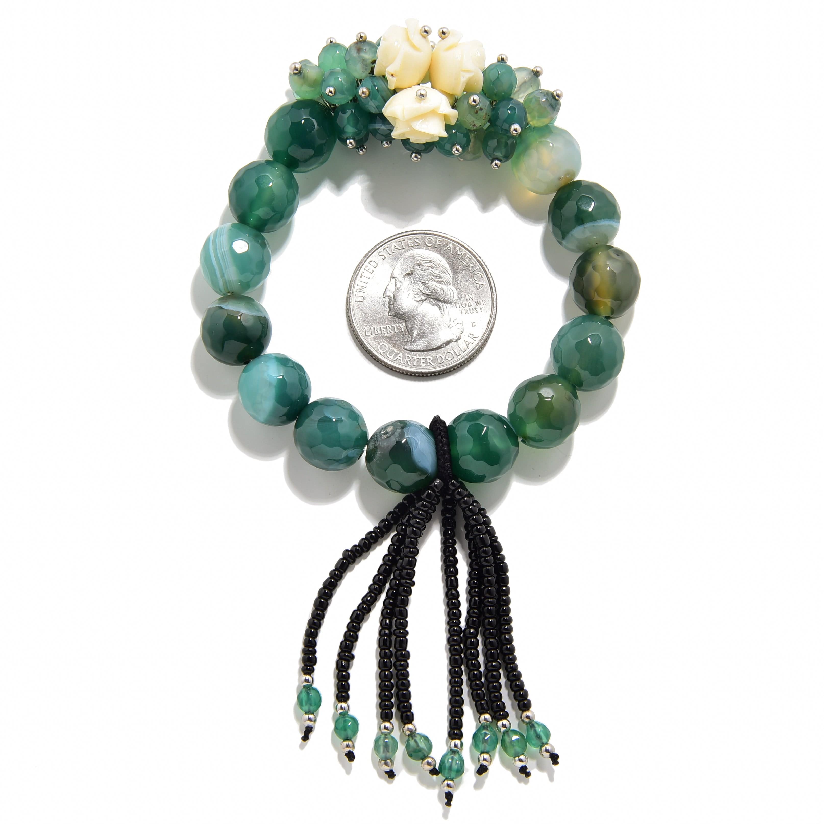 Kalifano Gemstone Bracelets Faceted Green Agate with Flower Accents 12mm Gemstone Bead Elastic Bracelet GOLD-BGP-FGN