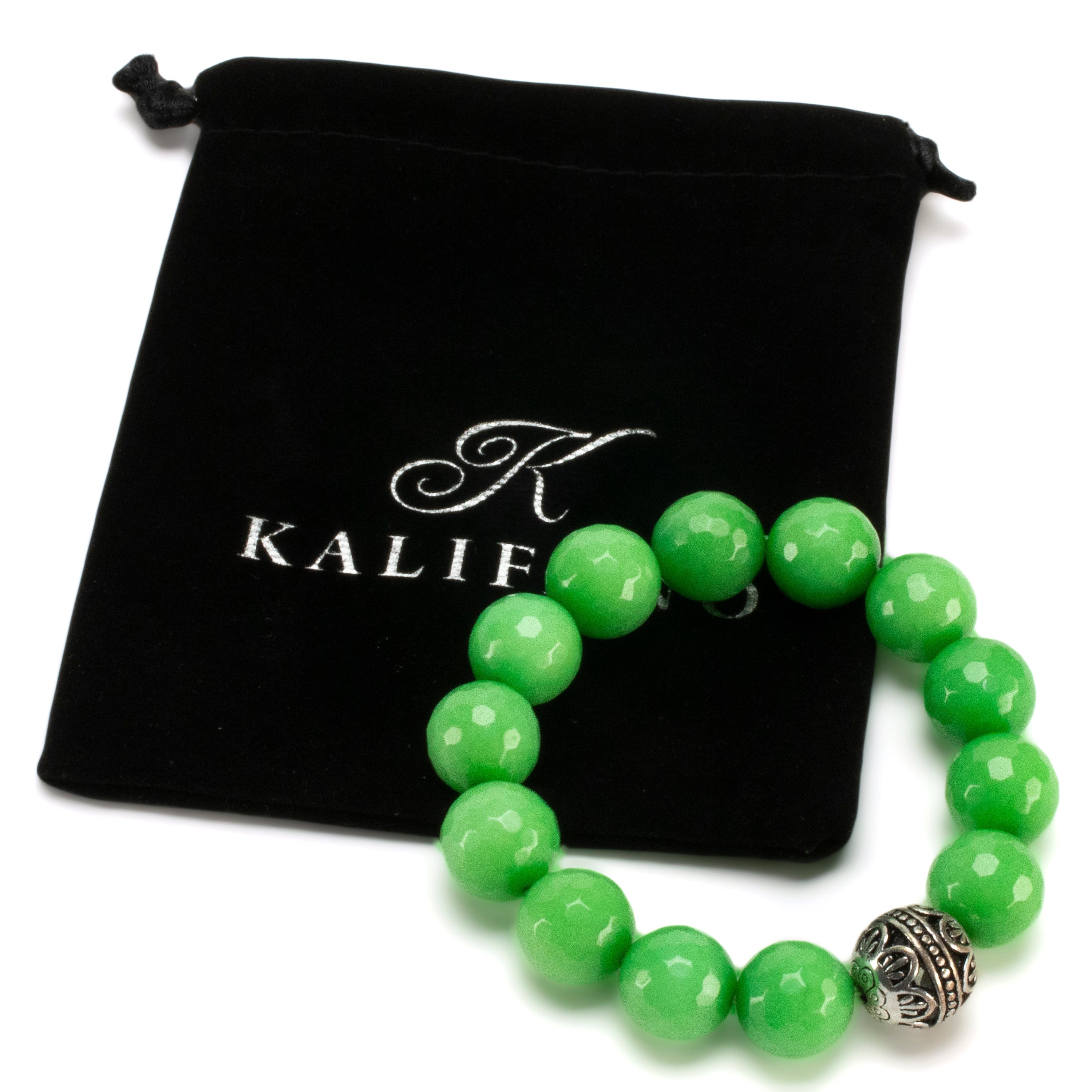 Kalifano Gemstone Bracelets Faceted Green Color Enhanced Jade with Silver Accent Bead Gemstone Elastic Bracelet RED-BGP-062