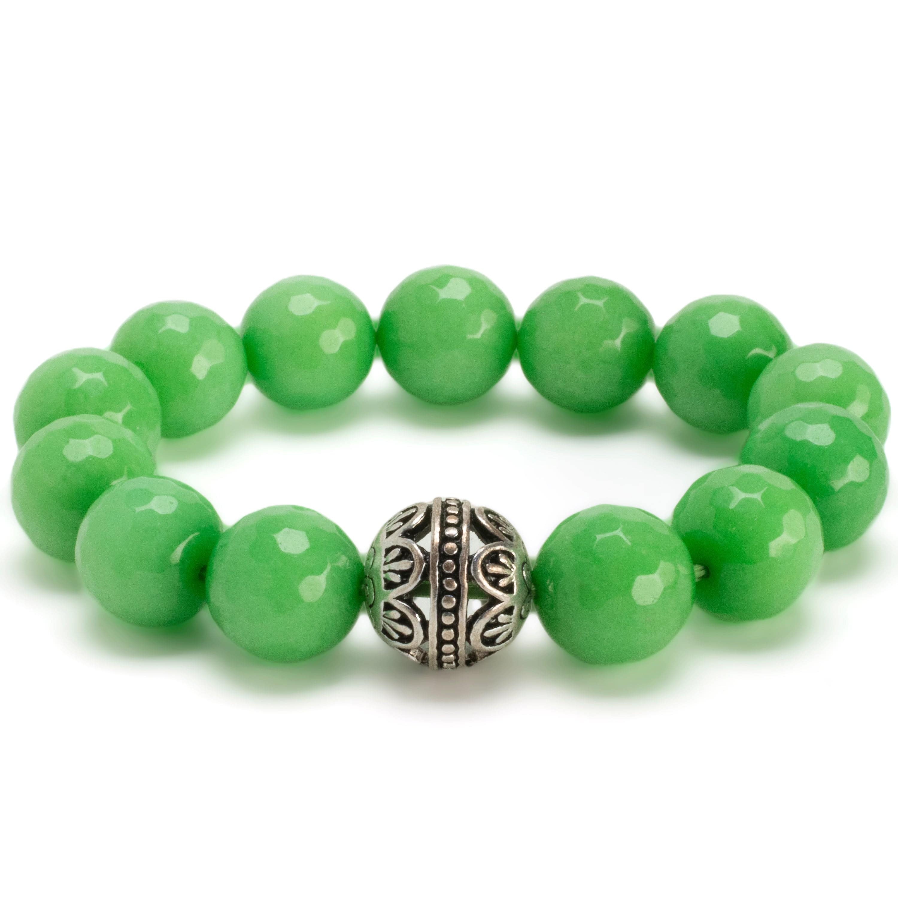 Kalifano Gemstone Bracelets Faceted Green Color Enhanced Jade with Silver Accent Bead Gemstone Elastic Bracelet RED-BGP-062