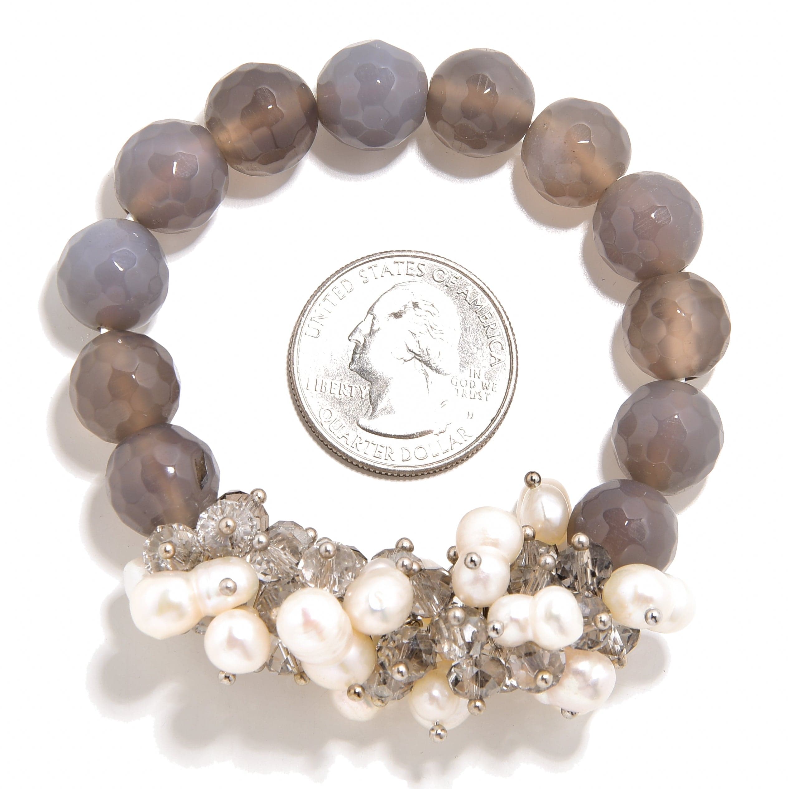 Kalifano Gemstone Bracelets Faceted Grey Agate & Freshwater Pearls 12mm Gemstone Bead Elastic Bracelet GOLD-BGP-PGY