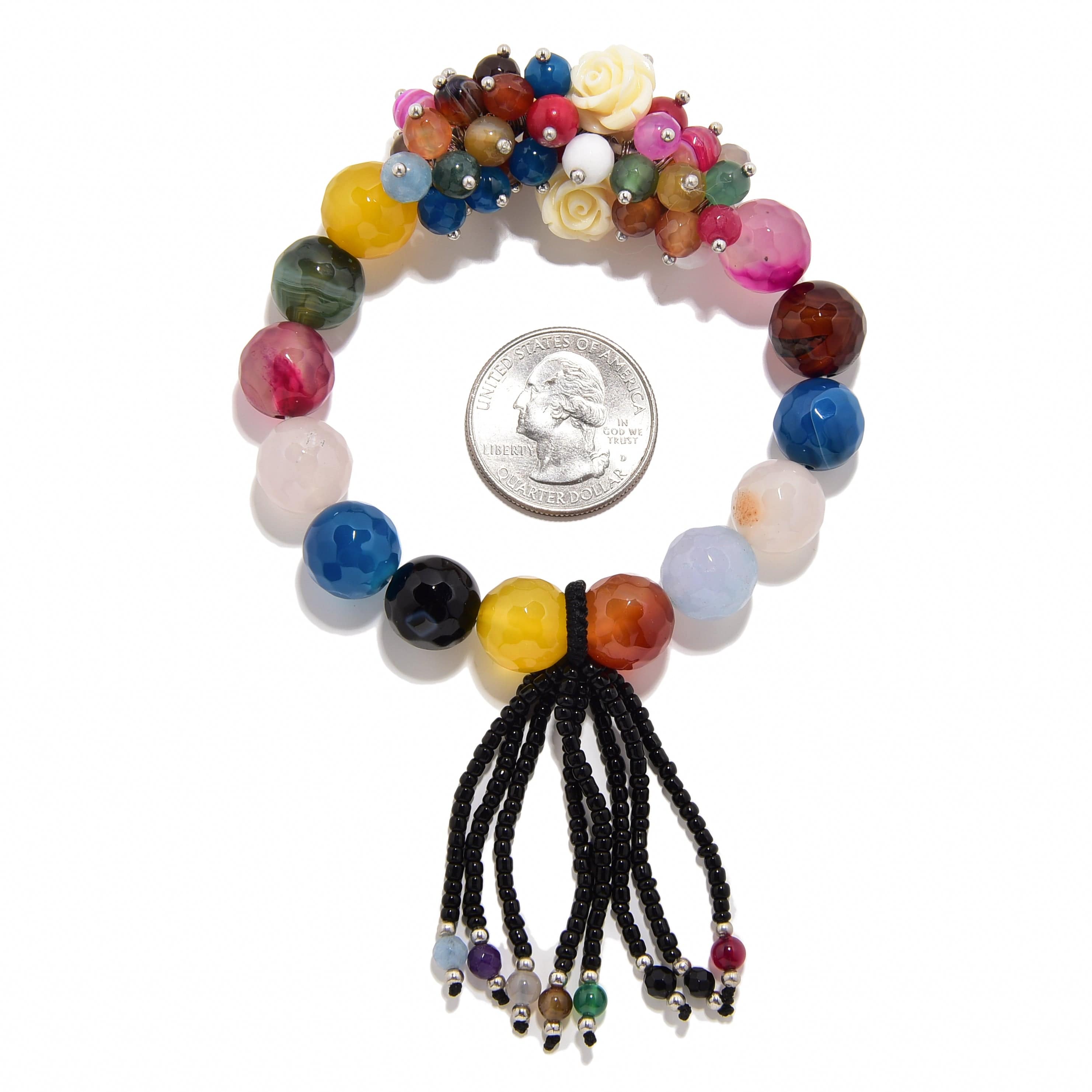 Kalifano Gemstone Bracelets Faceted Multicolor Agate with Flower Accents 12mm Gemstone Bead Elastic Bracelet GOLD-BGP-FMT