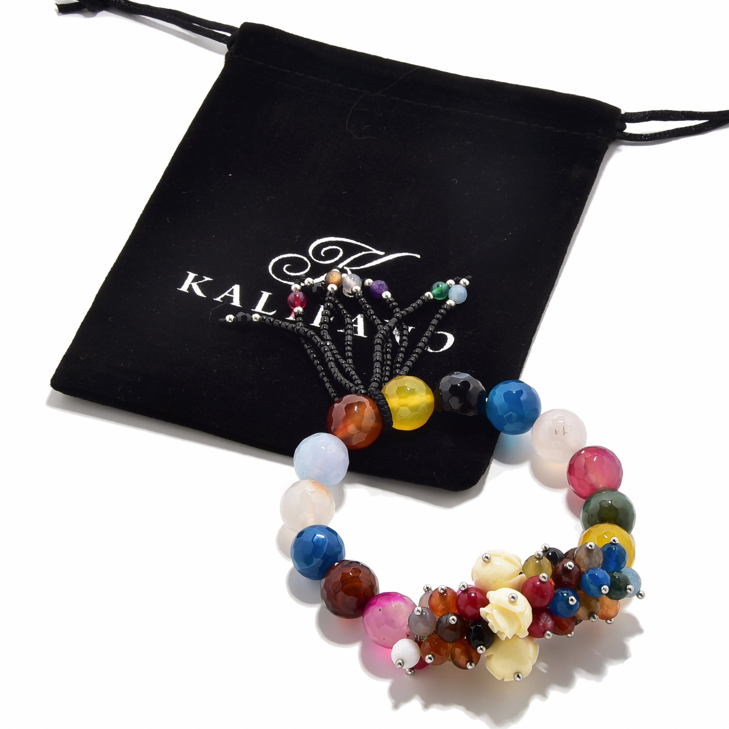 Kalifano Gemstone Bracelets Faceted Multicolor Agate with Flower Accents 12mm Gemstone Bead Elastic Bracelet GOLD-BGP-FMT