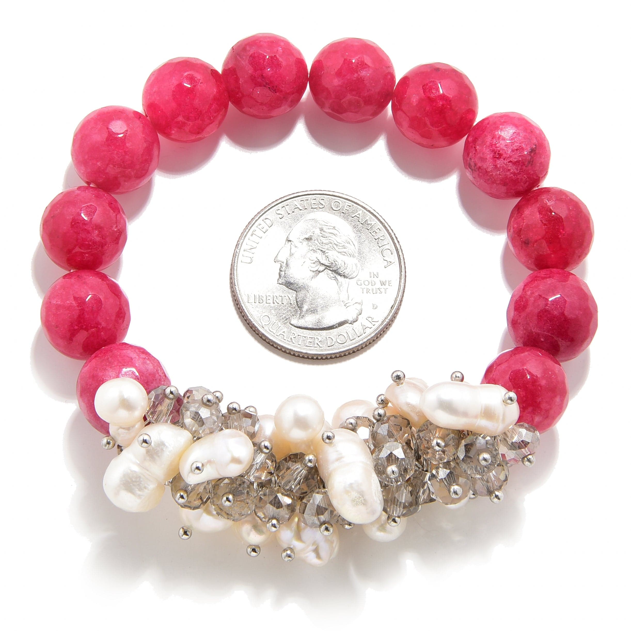 Kalifano Gemstone Bracelets Faceted Pink Agate & Freshwater Pearls 12mm Gemstone Bead Elastic Bracelet GOLD-BGP-PPK