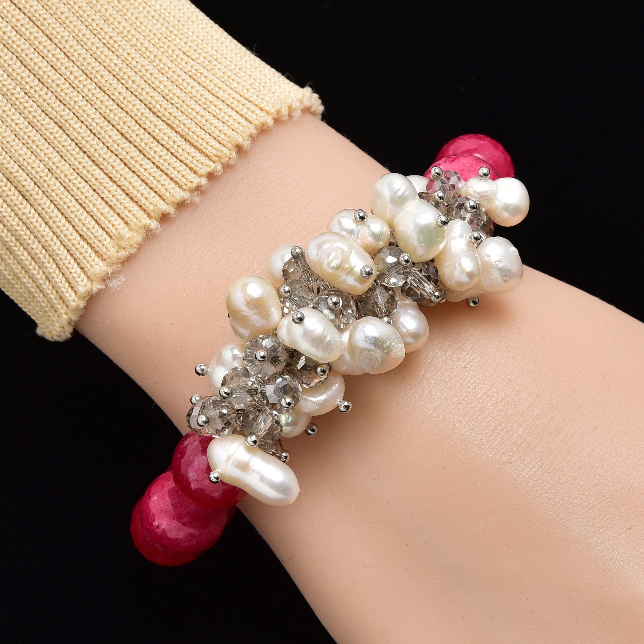 Kalifano Gemstone Bracelets Faceted Pink Agate & Freshwater Pearls 12mm Gemstone Bead Elastic Bracelet GOLD-BGP-PPK