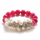 Faceted Pink Agate & Freshwater Pearls 12mm Gemstone Bead Elastic Bracelet