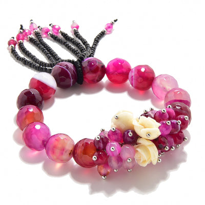 Kalifano Gemstone Bracelets Faceted Pink Agate with Flower Accents 12mm Gemstone Bead Elastic Bracelet GOLD-BGP-FPK