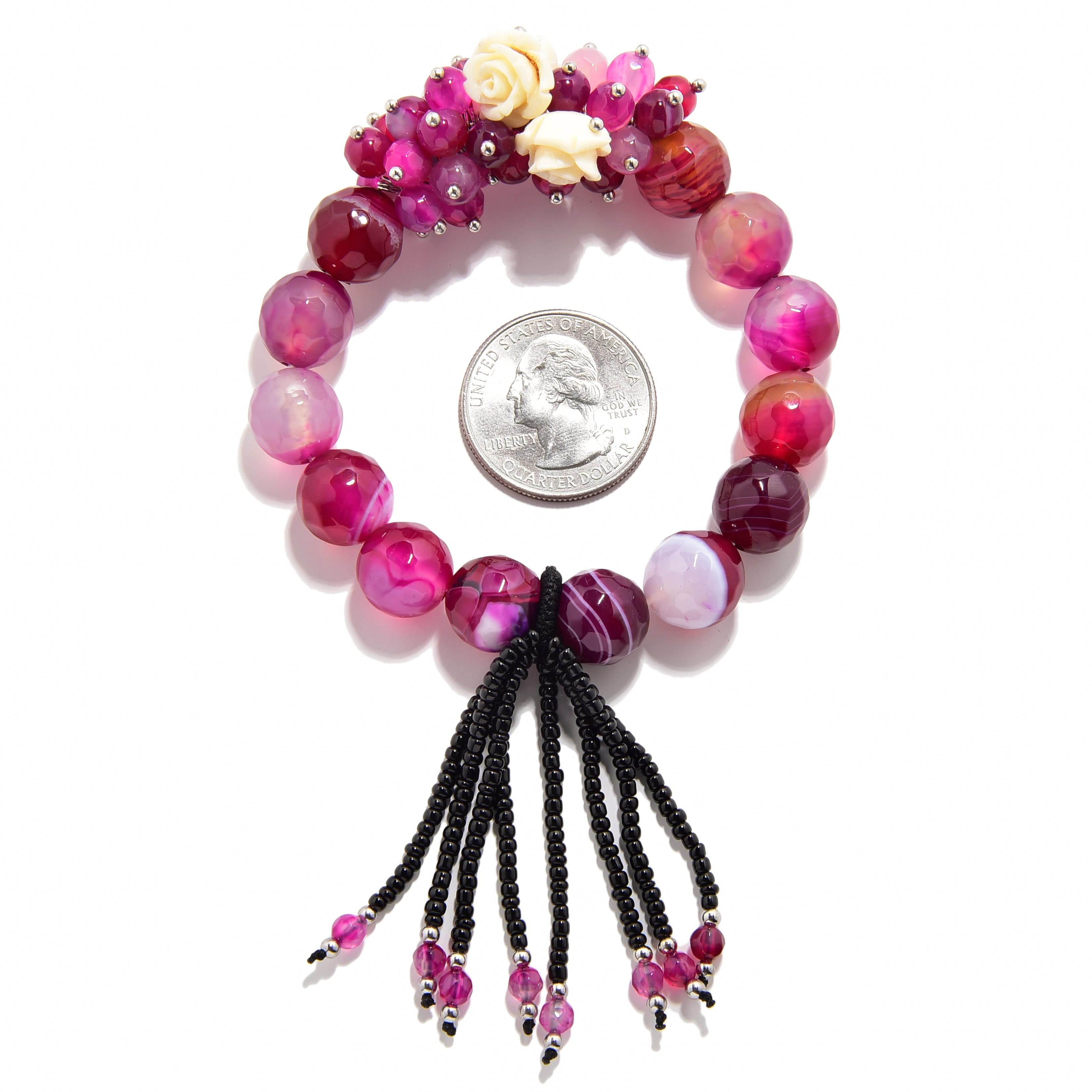 Kalifano Gemstone Bracelets Faceted Pink Agate with Flower Accents 12mm Gemstone Bead Elastic Bracelet GOLD-BGP-FPK