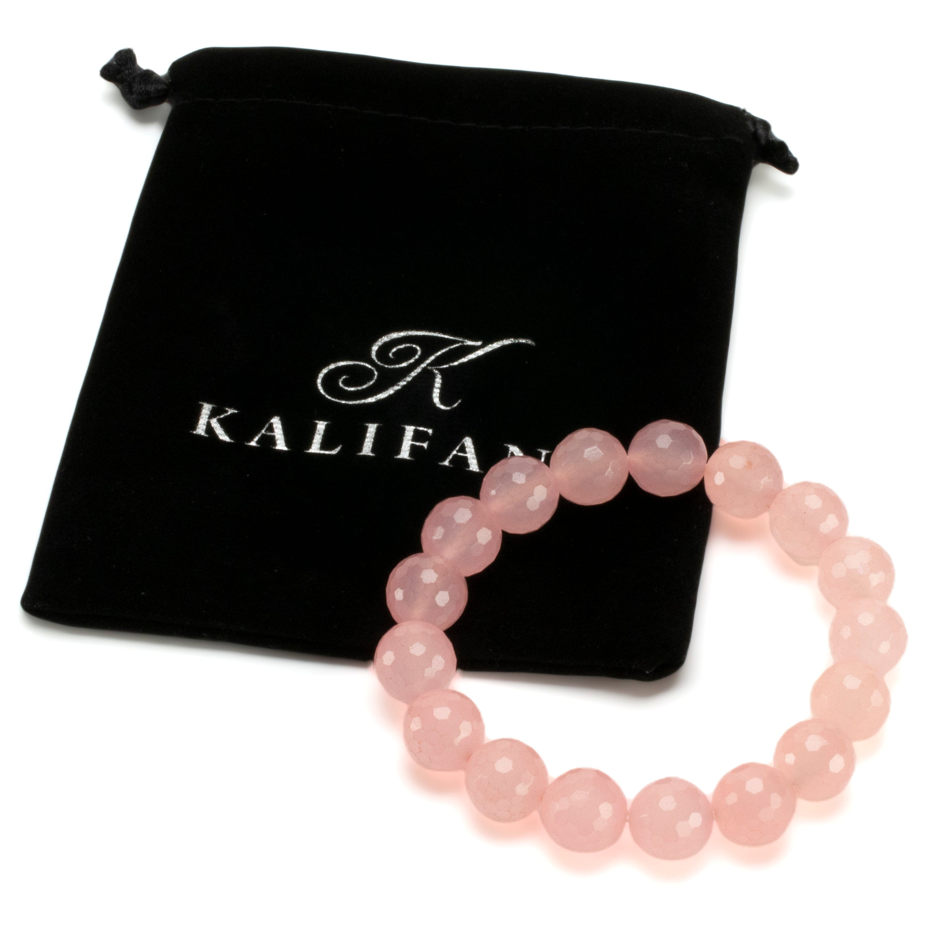 Kalifano Gemstone Bracelets Faceted Rose Quartz 12mm Gemstone Bead Elastic Bracelet GOLD-BGP-082