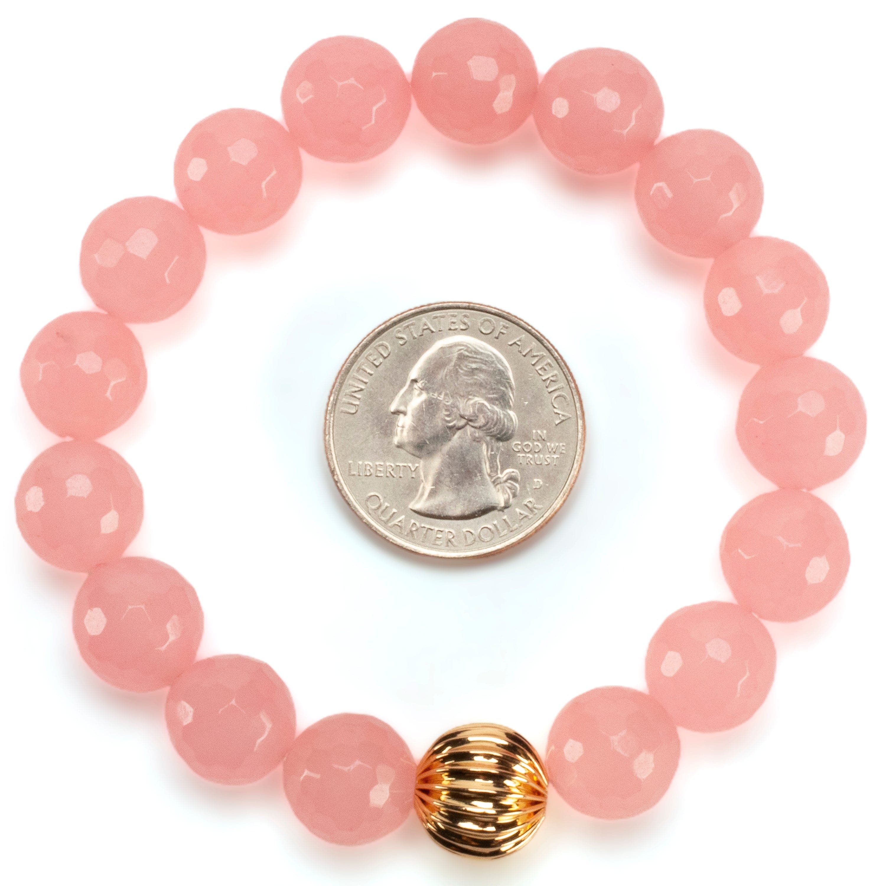 Kalifano Gemstone Bracelets Faceted Rose Quartz 12mm Gemstone Bead Elastic Bracelet with Gold Accent Bead GOLD-BGP-083